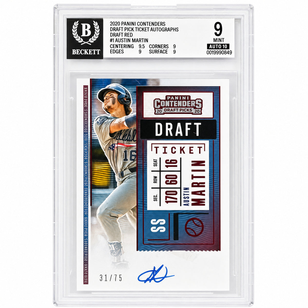 2020 Panini Contenders Austin Martin Draft Pick Ticket Red /75 Auto BGS 9