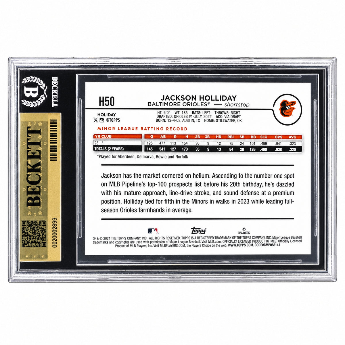2024 Topps Holiday Jackson Holliday #H50 RC Orioles BGS 9.5