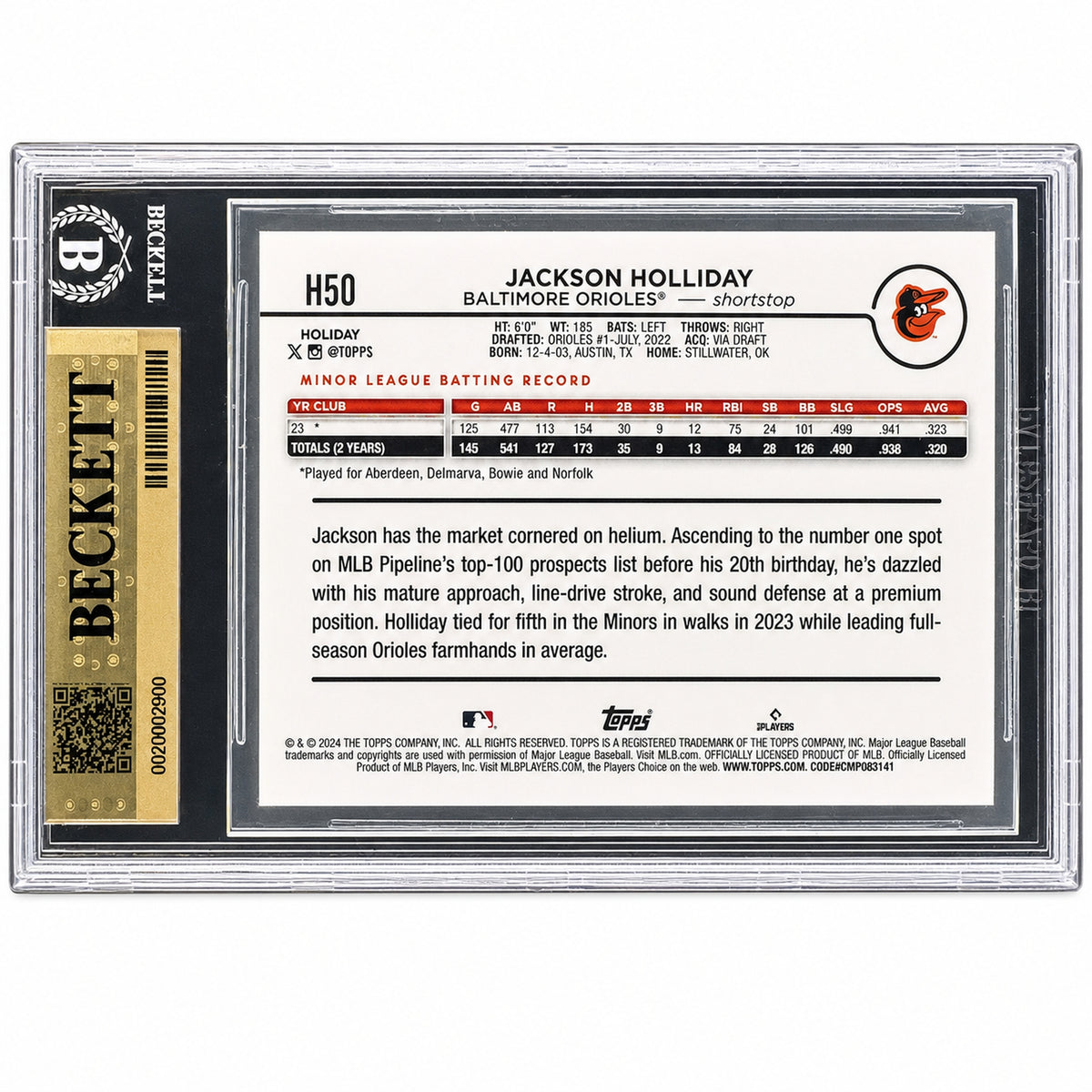 2024 Topps Holiday Jackson Holliday #H50 RC Orioles BGS 10