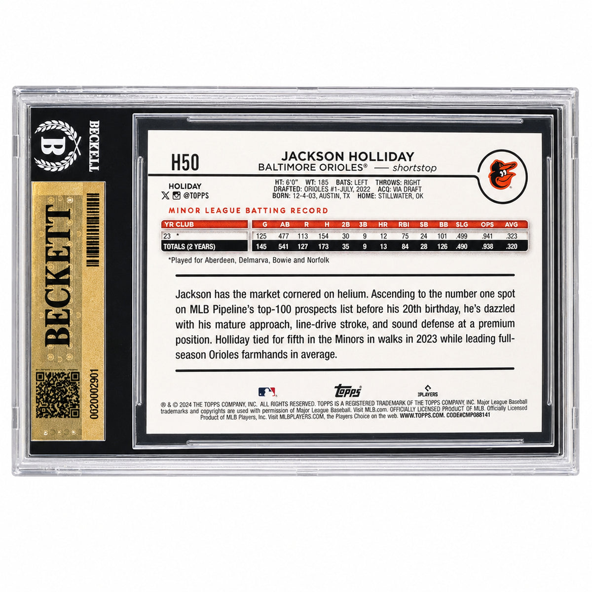 2024 Topps Holiday Jackson Holliday #H50 RC Orioles BGS 10