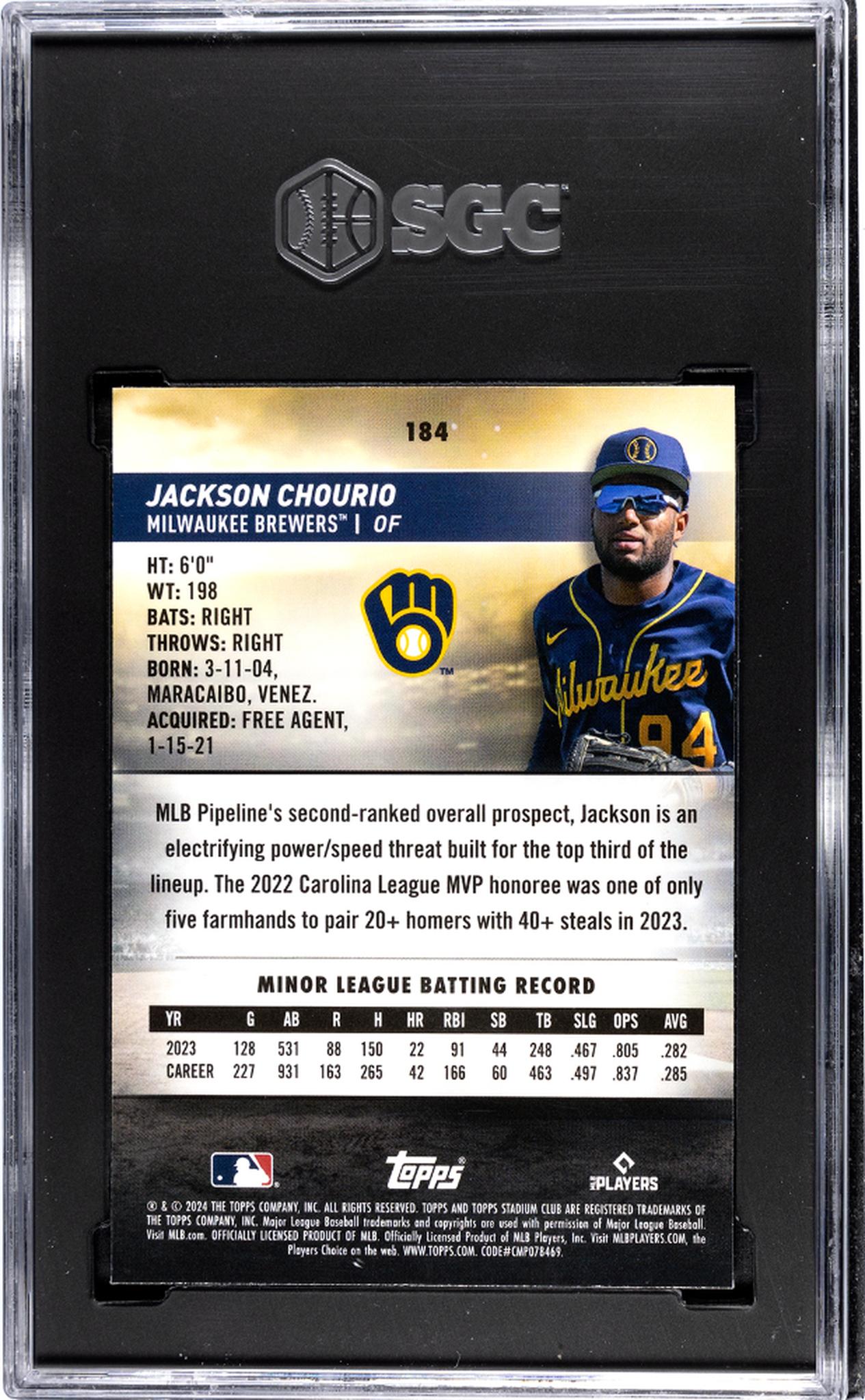 2024 Topps Stadium Club Chrome Jackson Chourio #184 RC SGC 10
