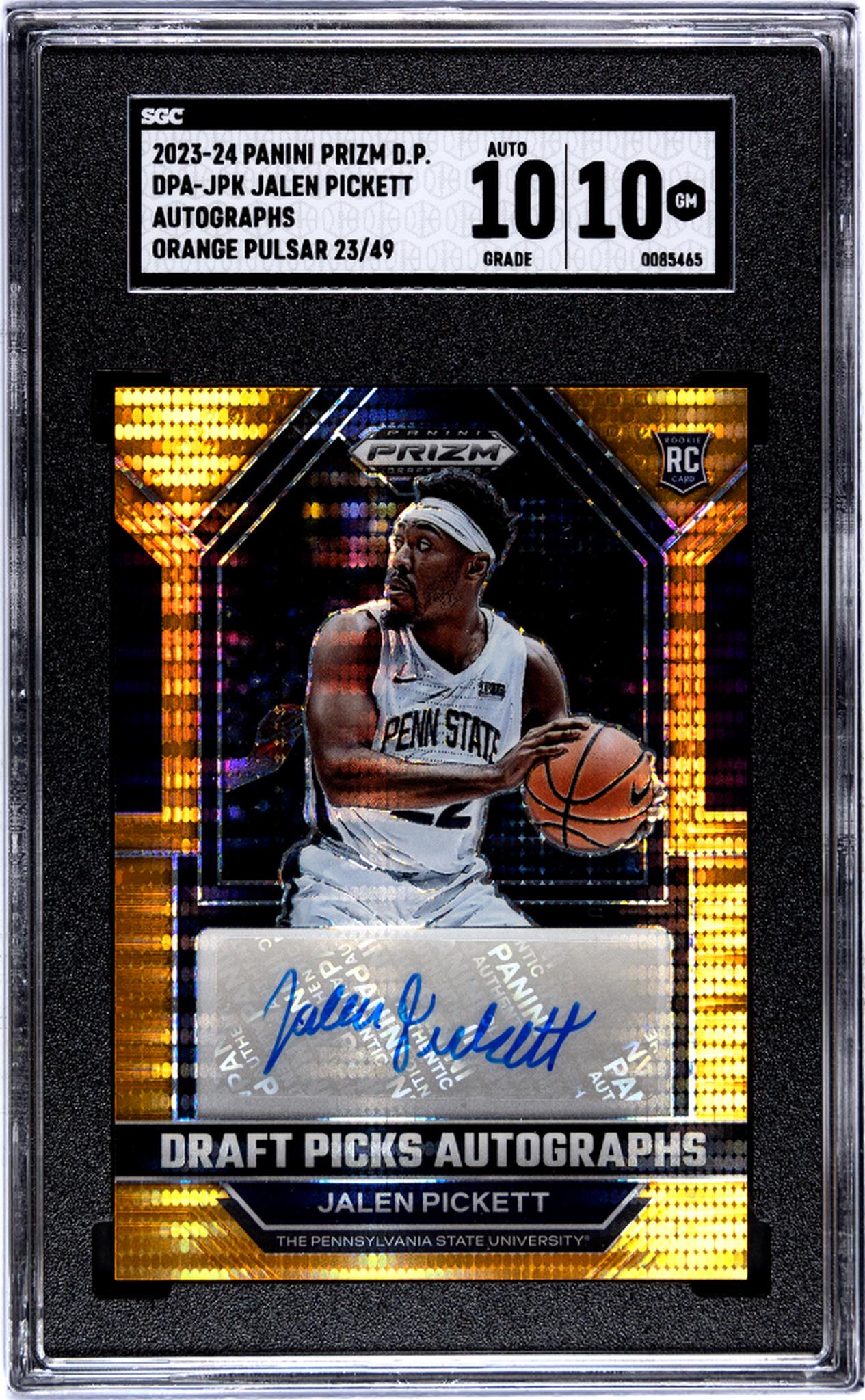 2023-24 Panini Prizm Draft Picks #DPA-JPK Jalen Pickett Autos. Orange Pulsar Prizm 23/49 SGC 10