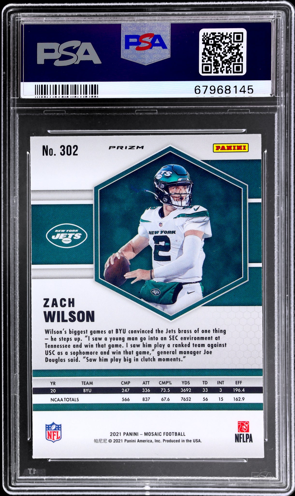 2021 Panini Mosaic #302 Zach Wilson Green Mosaic Prizm PSA 10