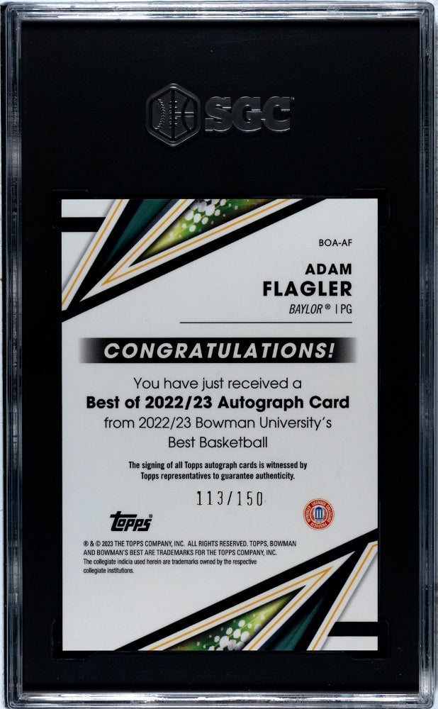 2022-23 Bowman University Best #BOA-AF Adam Flagler Best of '22-'23, Auto. Blue Ref. 113/150 SGC 9.5