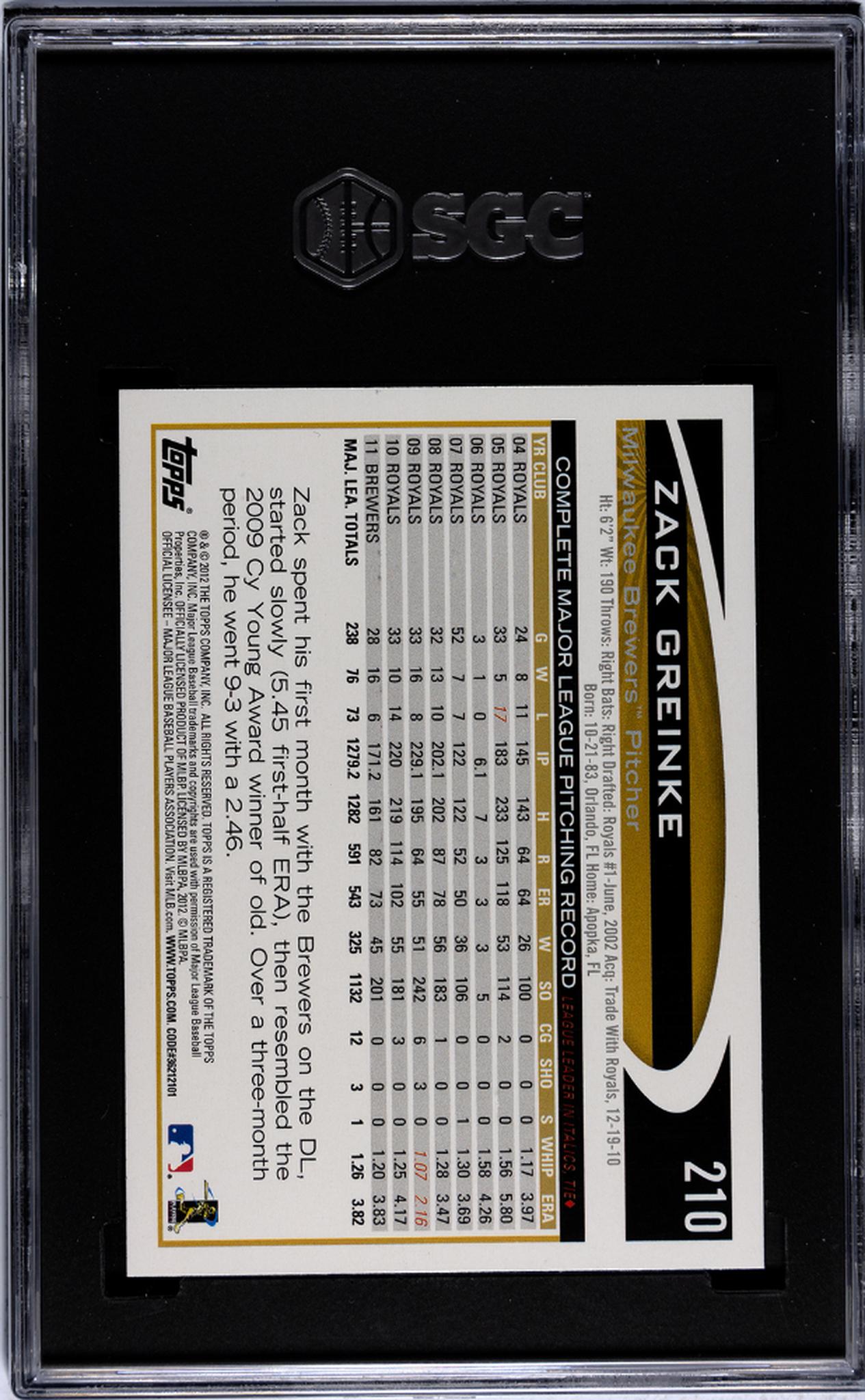 2012 Topps #210 Zack Greinke Gold Sparkle SGC 10