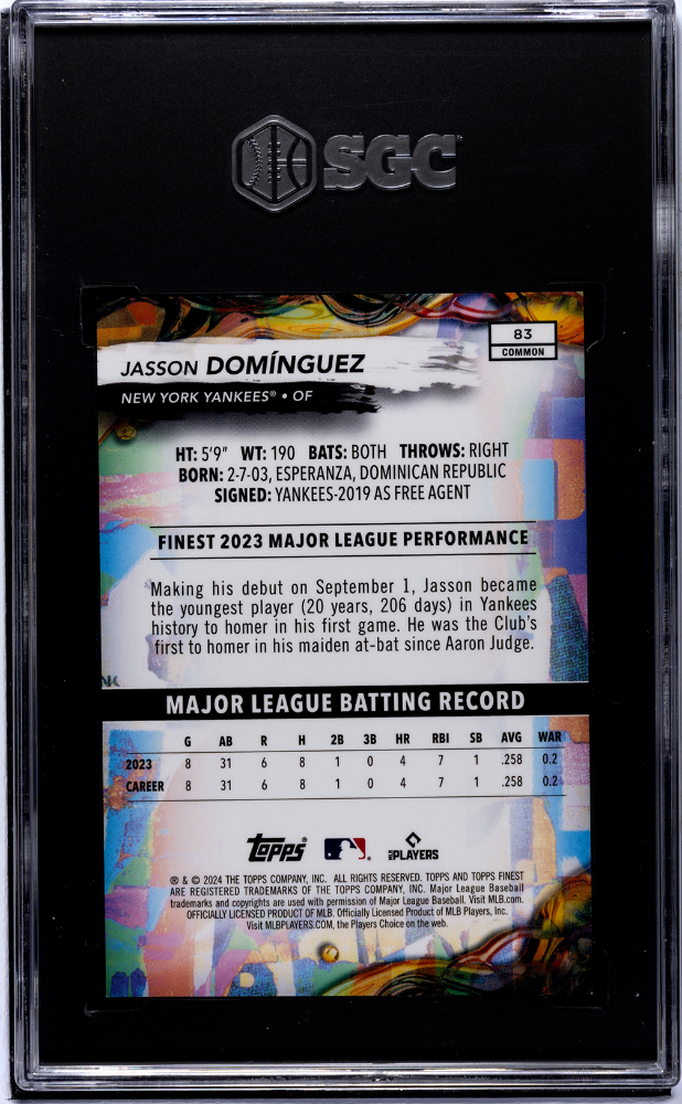 2024 Finest #83 Jasson Domínguez Sky Blue Refractor /325 SGC 10