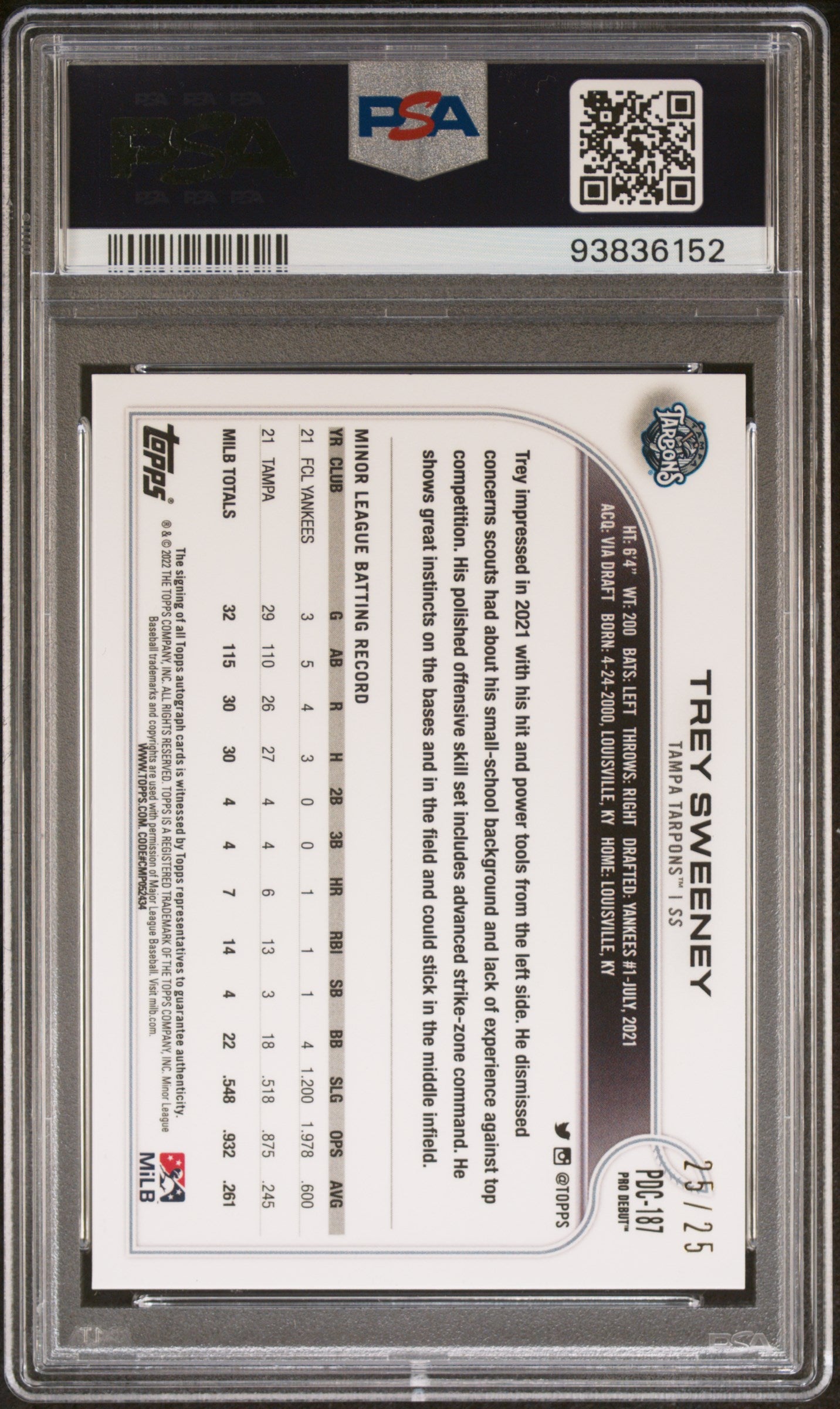 2022 Topps Pro Debut Chrome-Orange Lava Ref. Trey Sweeney 25/25 PSA 10