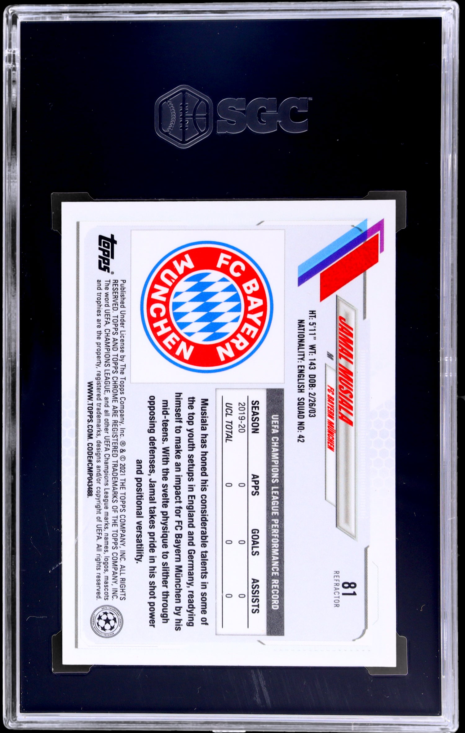 2020 Topps Chrome UEFA Jamal Musiala #81 Refractor SGC 10 RC