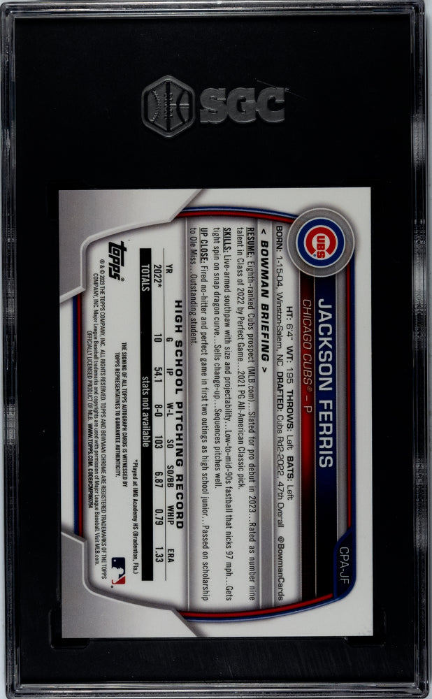 2023 Bowman Chrome Blue Refractor Jackson Ferris #CPA-JF Auto/150 SGC 10 Auto 10