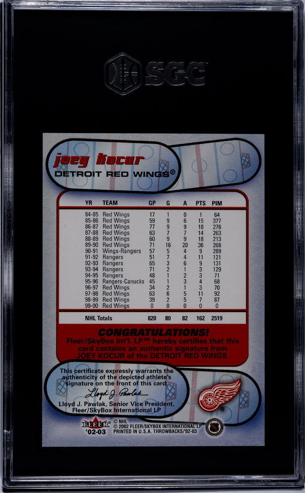 2002-03 Fleer Throwbacks Joey Kocur #NNO Auto SGC 9.5 Auto 10