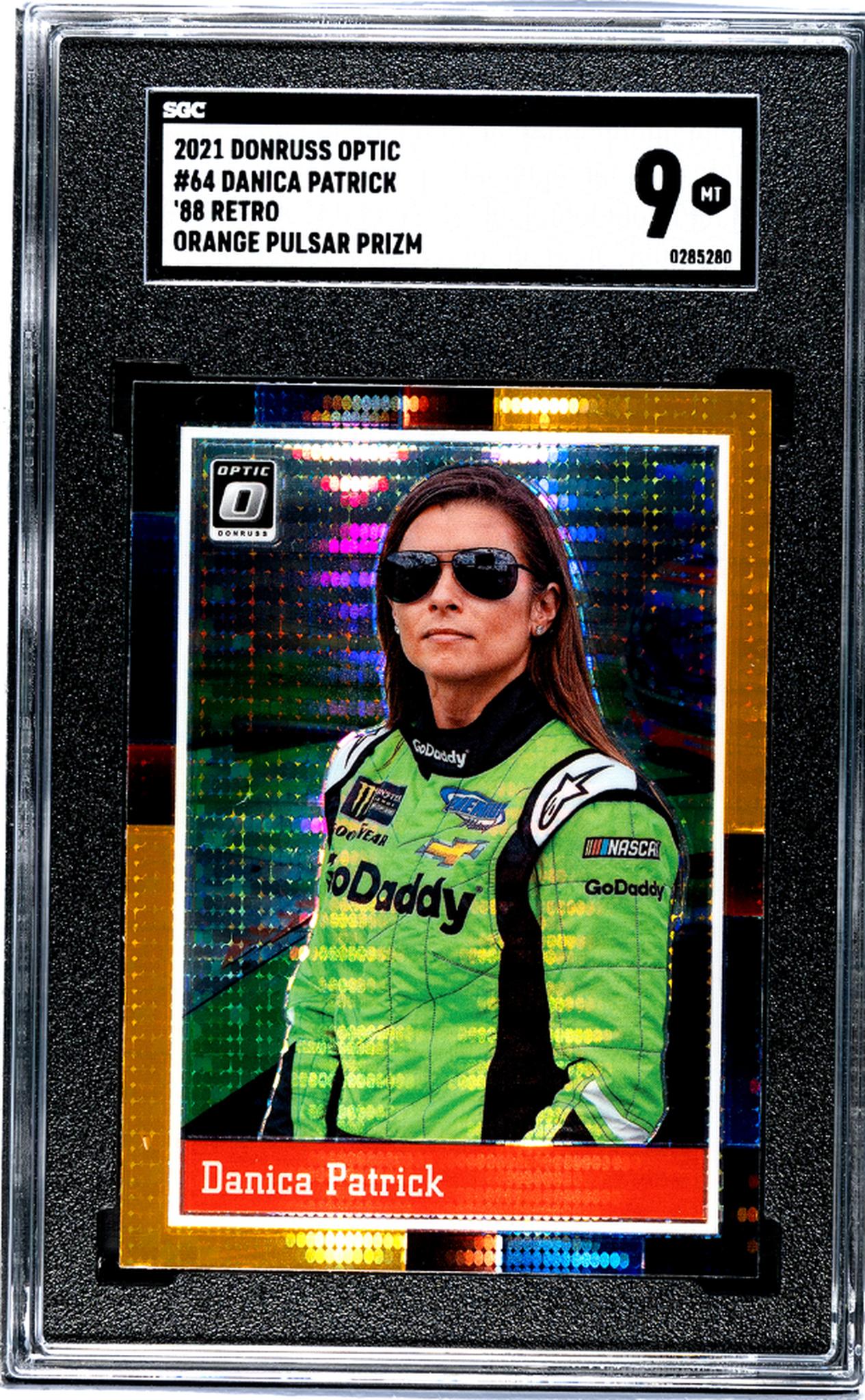 2021 Donruss Optic #64 Danica Patrick '88 Retro Orange Pulsar Prizm SGC 9