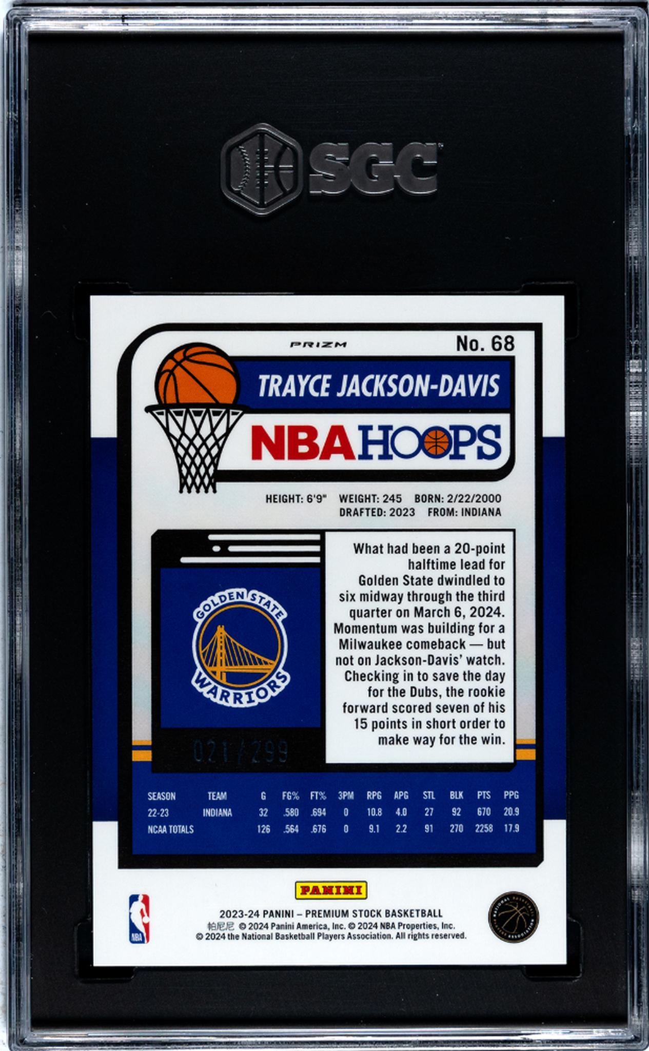 2023-24 Panini Hoops Prizm Orange Trayce Jackson-Davis #68 RC /299 SGC 10