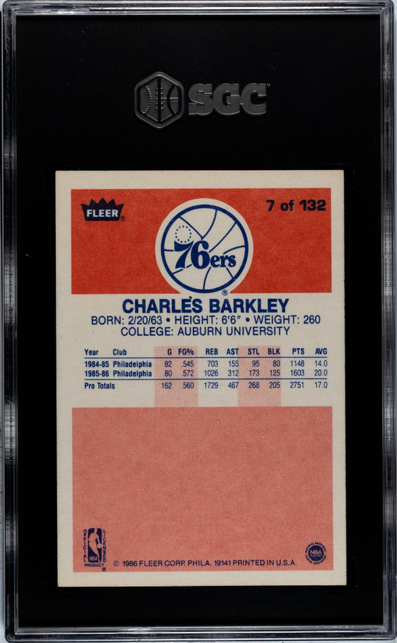 1986 Fleer Basketball Charles Barkley #7 RC SGC 7