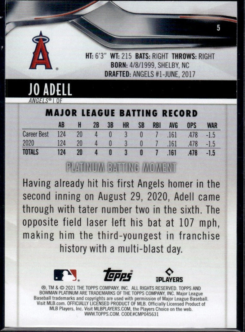 2021 Bowman #5 Jo Adell Platinum Green Rookie /99 Angels