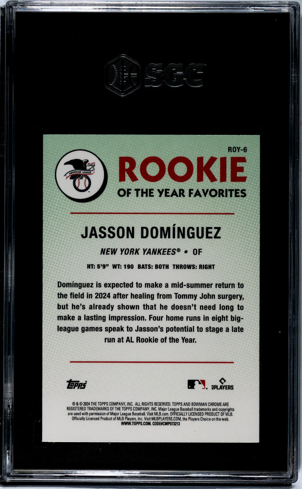 2024 Bowman Chrome #ROY-6 Jasson Dominguez Rookie of the Year Favorites SGC 8