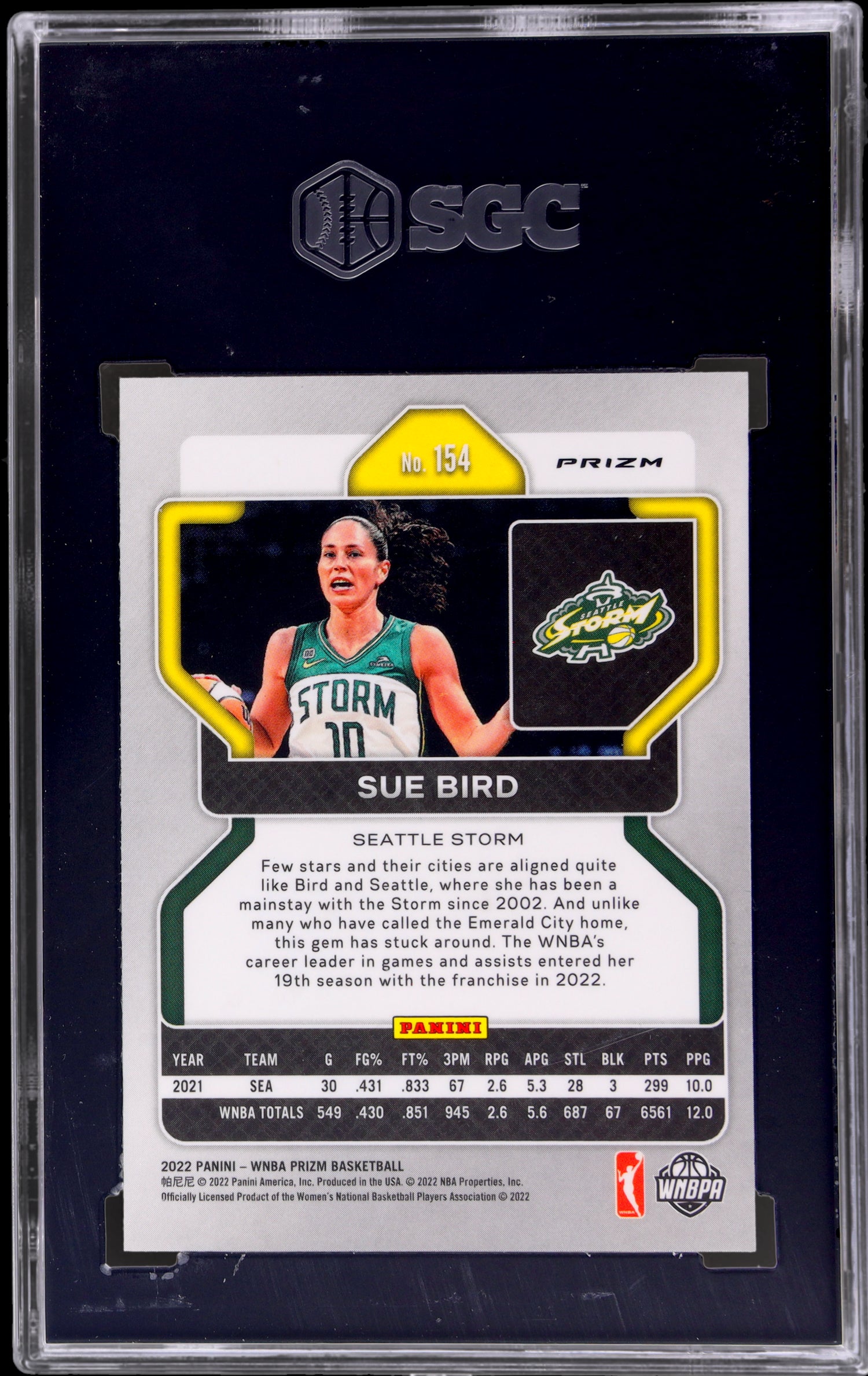 2022 Panini Prizm WNBA Sue Bird #154 Silver Prizm SGC 10