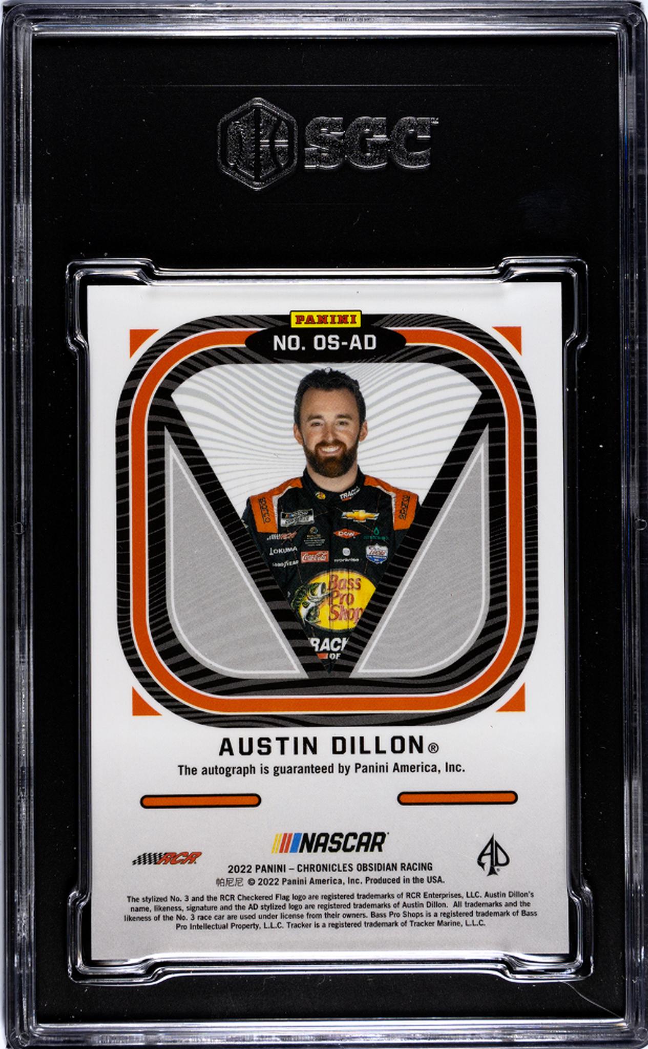 2022 Panini Chronicles #OS-AD Austin Dillon Obsidian Sigs. SGC 9