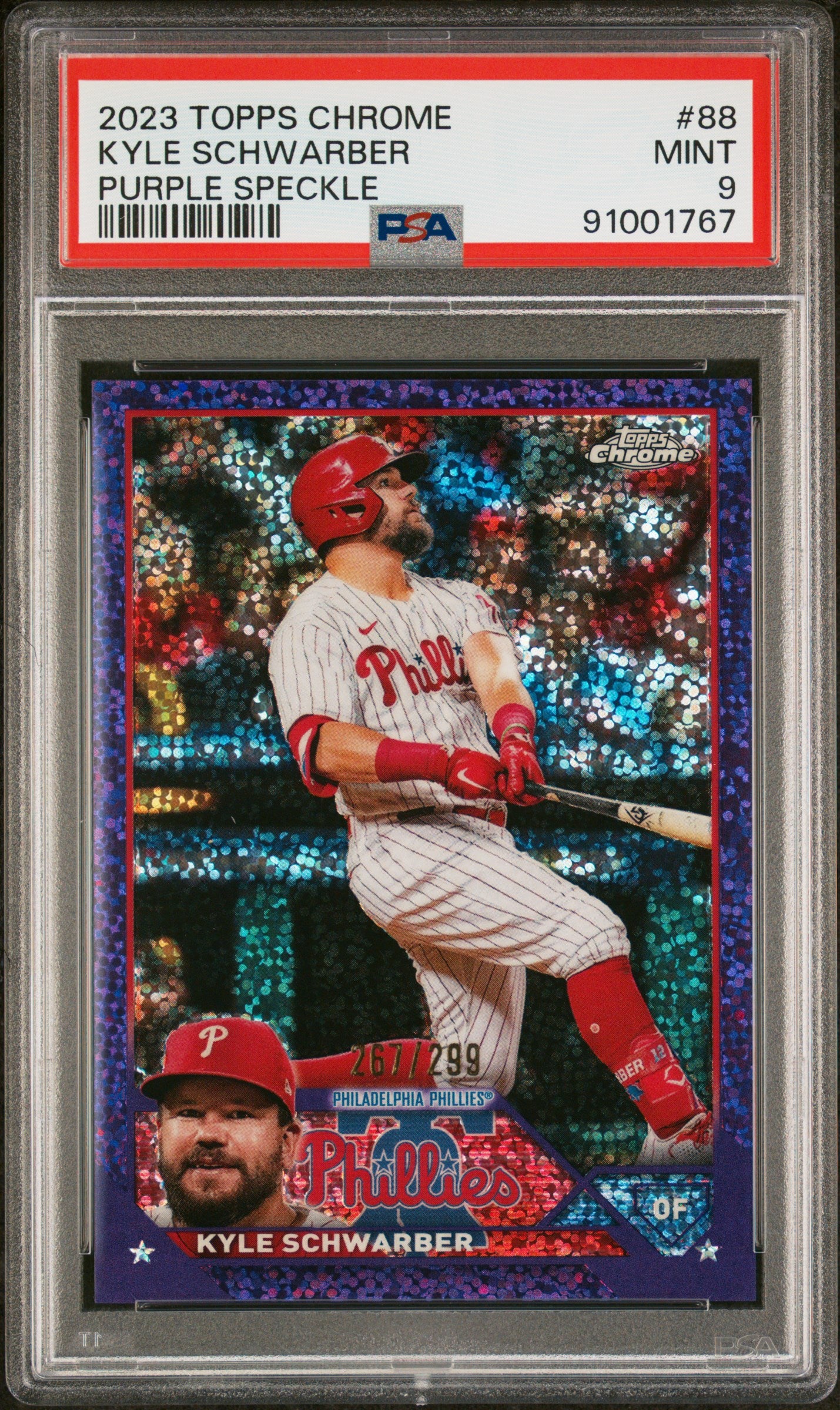 2023 Topps Chrome Purple Speckle Refractor Kyle Schwarber #88 /299 PSA 9