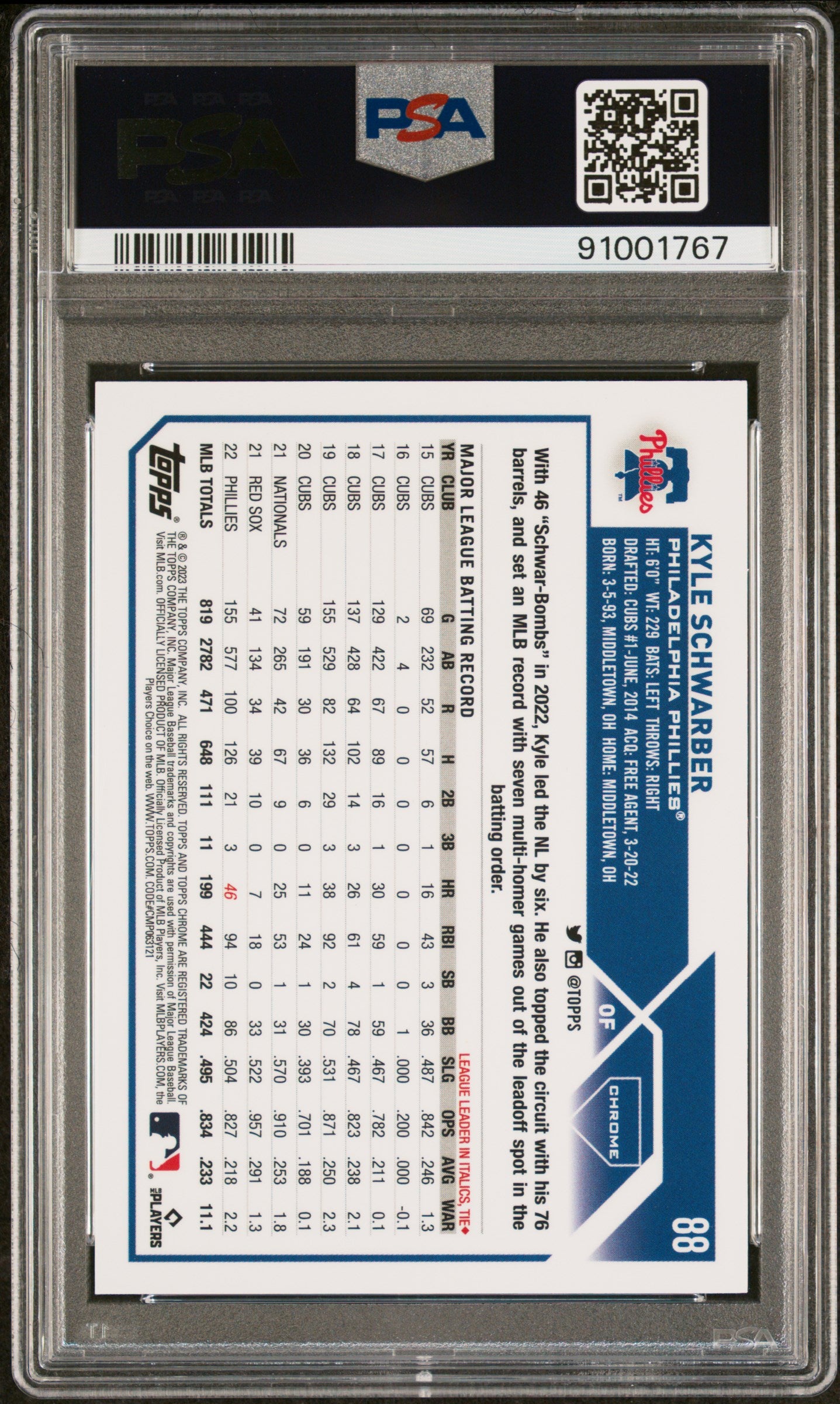 2023 Topps Chrome Purple Speckle Refractor Kyle Schwarber #88 /299 PSA 9