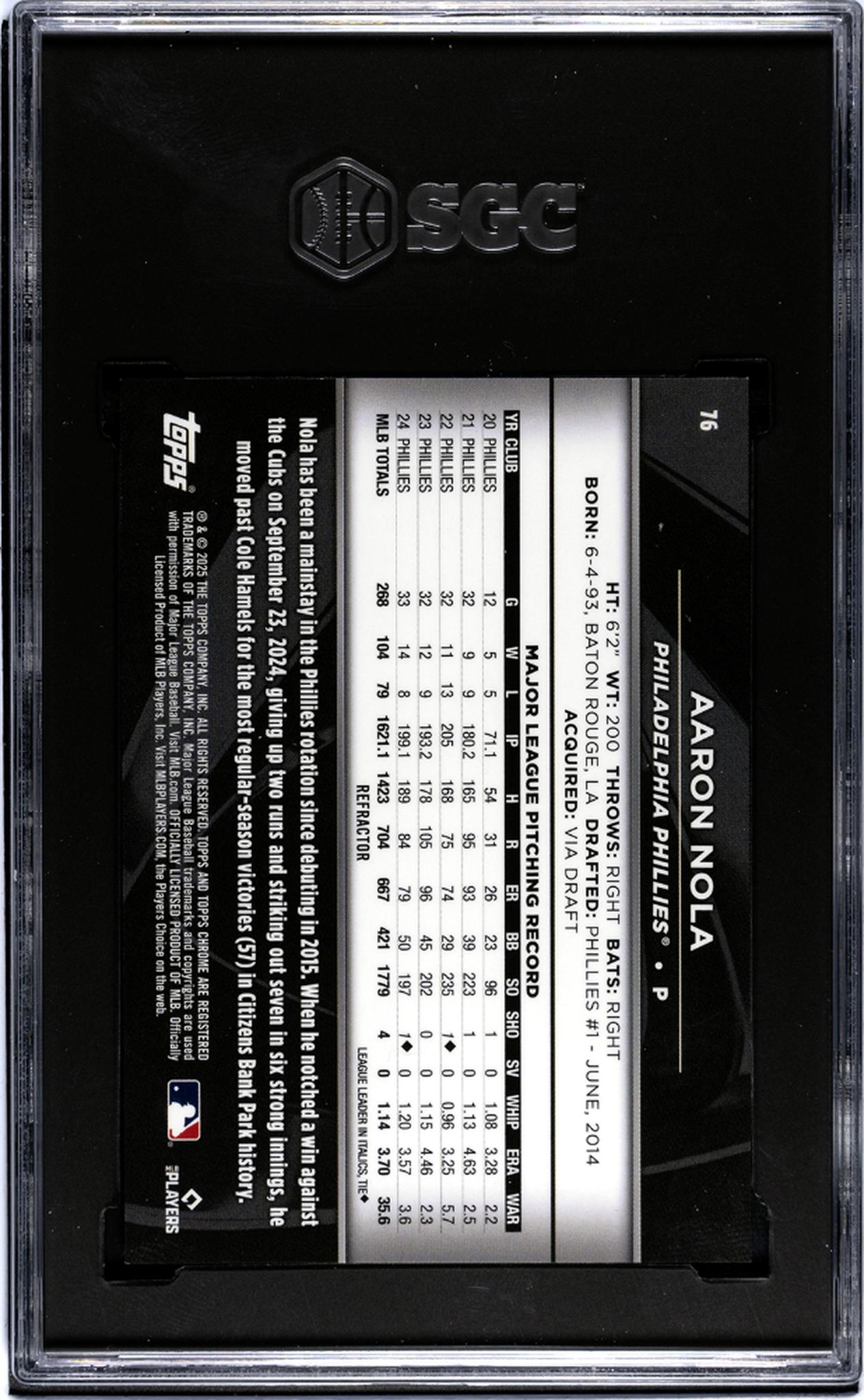 2025 Topps Chrome Black #76 Aaron Nola Refractor /199 SGC 9.5