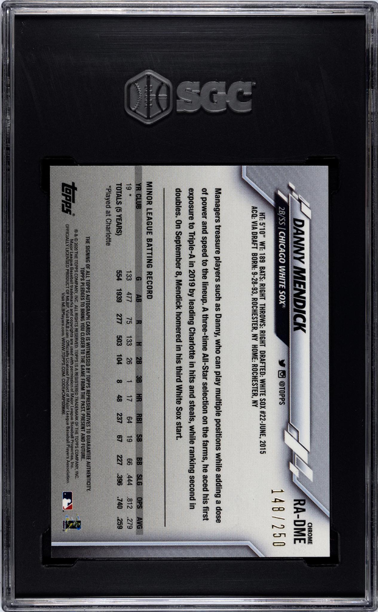 2020 Topps Chrome Purple Refractor Danny Mendick #RA-DME RC Auto /250 SGC 9 Auto 10