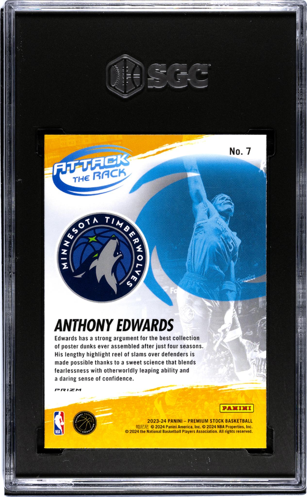 2023-24 Panini Hoops Premium Stock #7 Anthony Edwards Attack The Rack Silver Prizm SGC 10