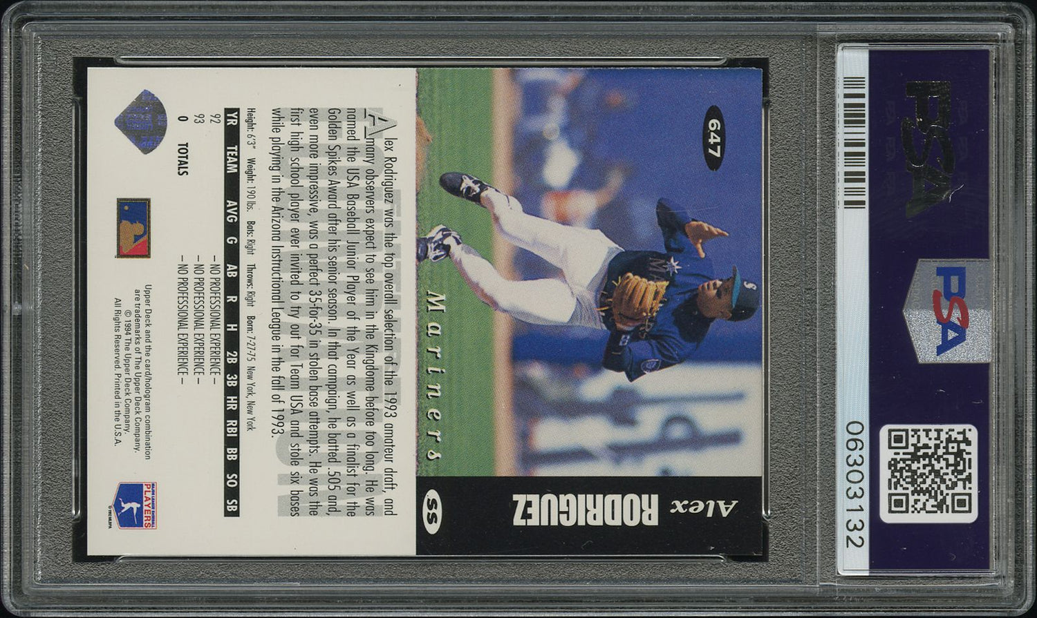 1994 Collector's Choice Silver Signature White Letter Variation Alex Rodriguez #647 PSA 9