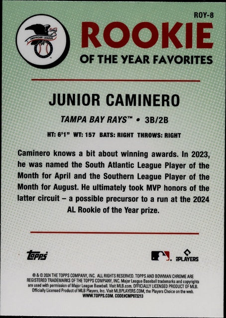 2024 Bowman #ROY-8 Junior Caminero Rookie of the Year Favorites SGC 10