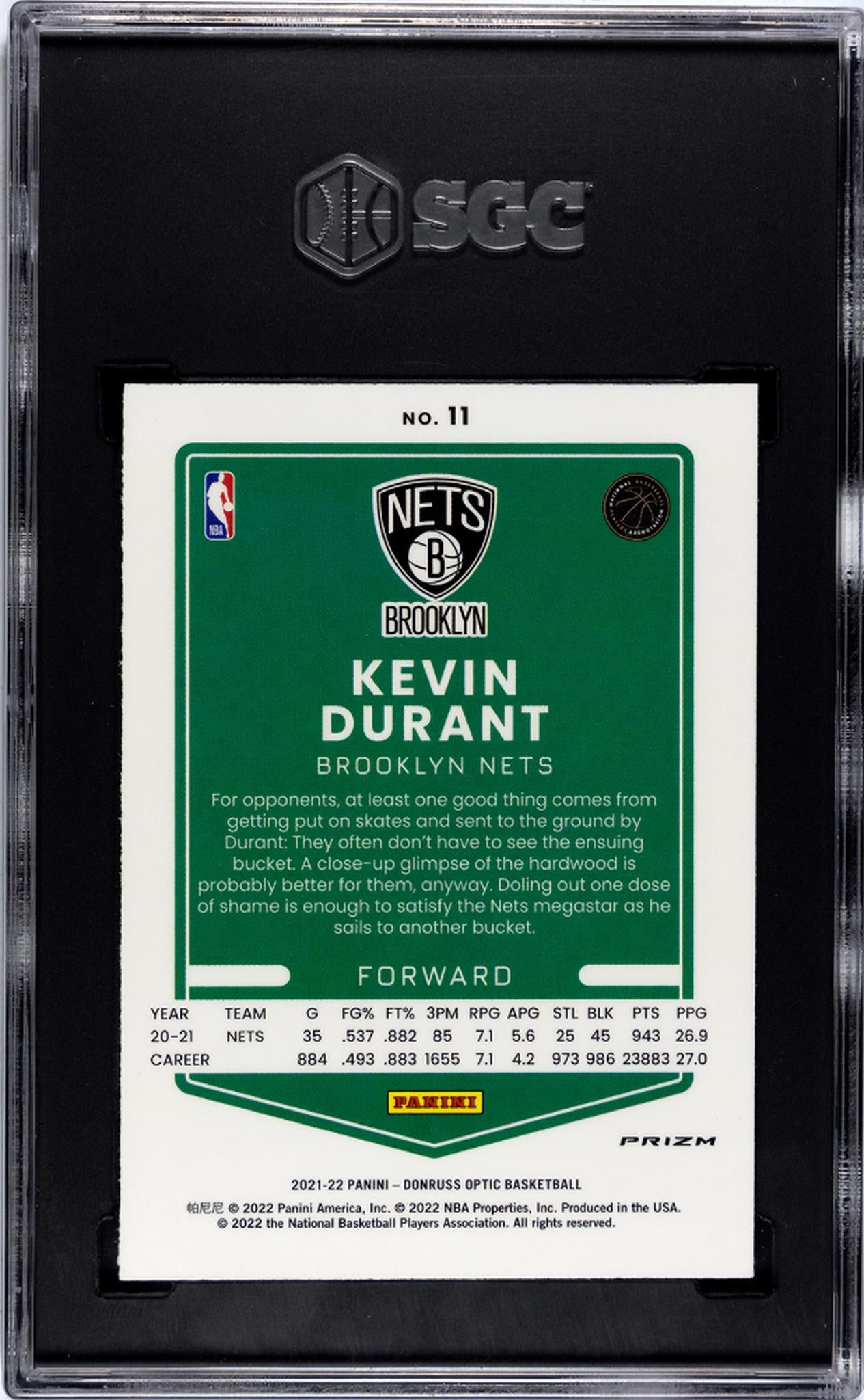 2021 Donruss Optic #11 Kevin Durant Holo Prizm SGC 10