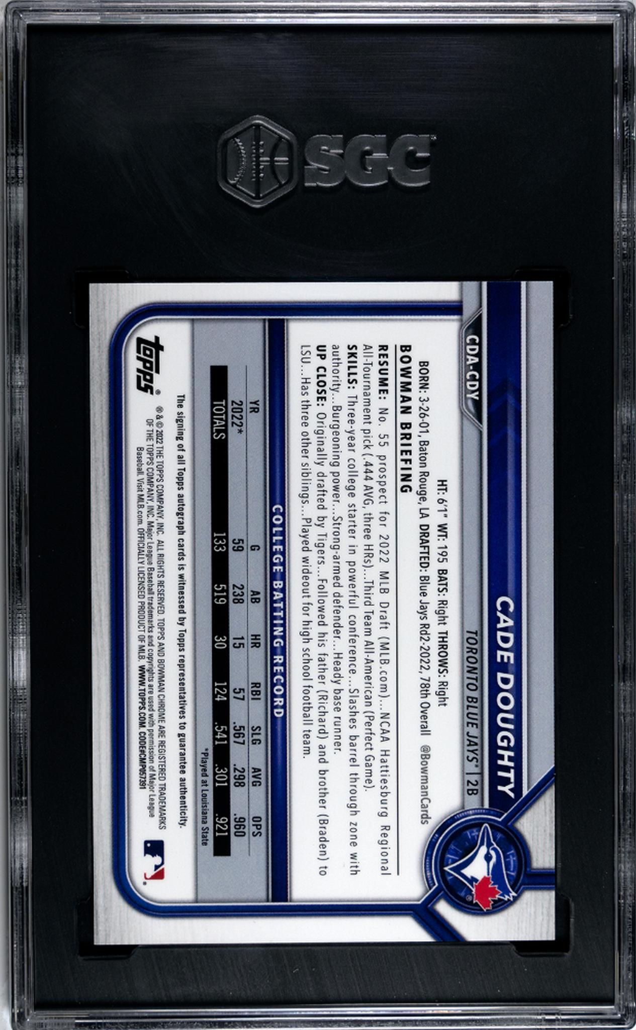 2022 Bowman Draft Black Refractor Cade Doughty #CDA-CDY Auto/75 SGC 10 Auto 10