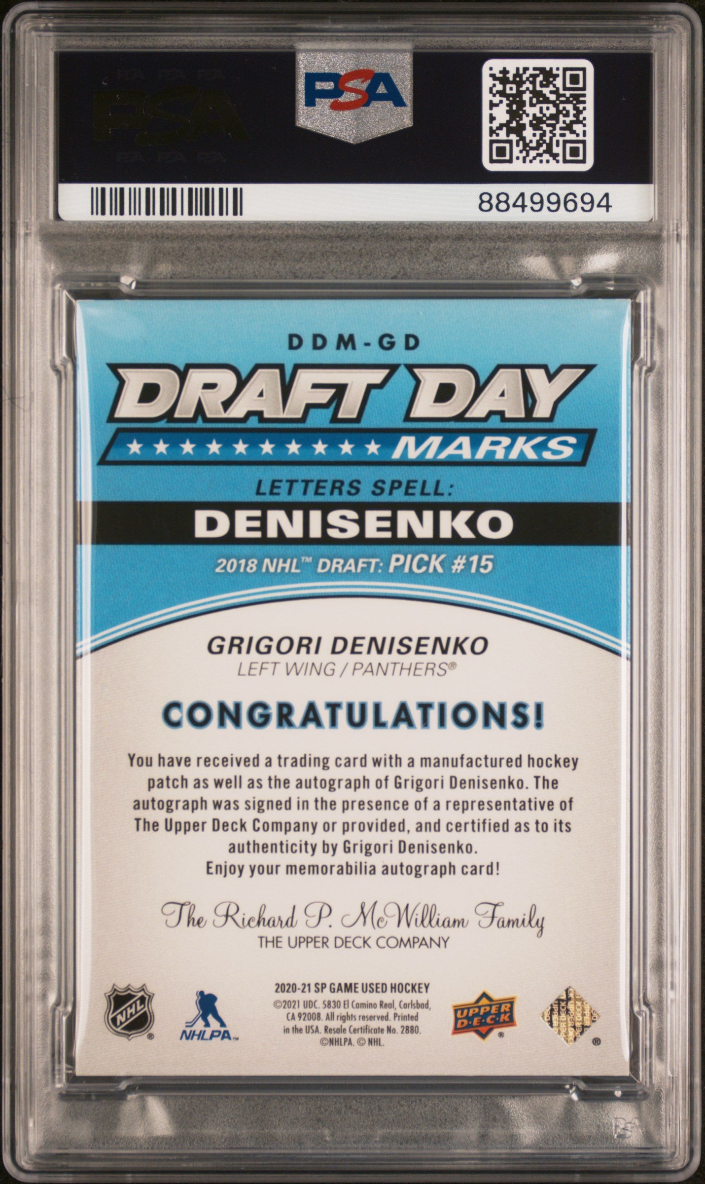 2021 Upper Deck SP Draft Day Marks Grigori Denisenko #DDMGD Auto /35 PSA 8
