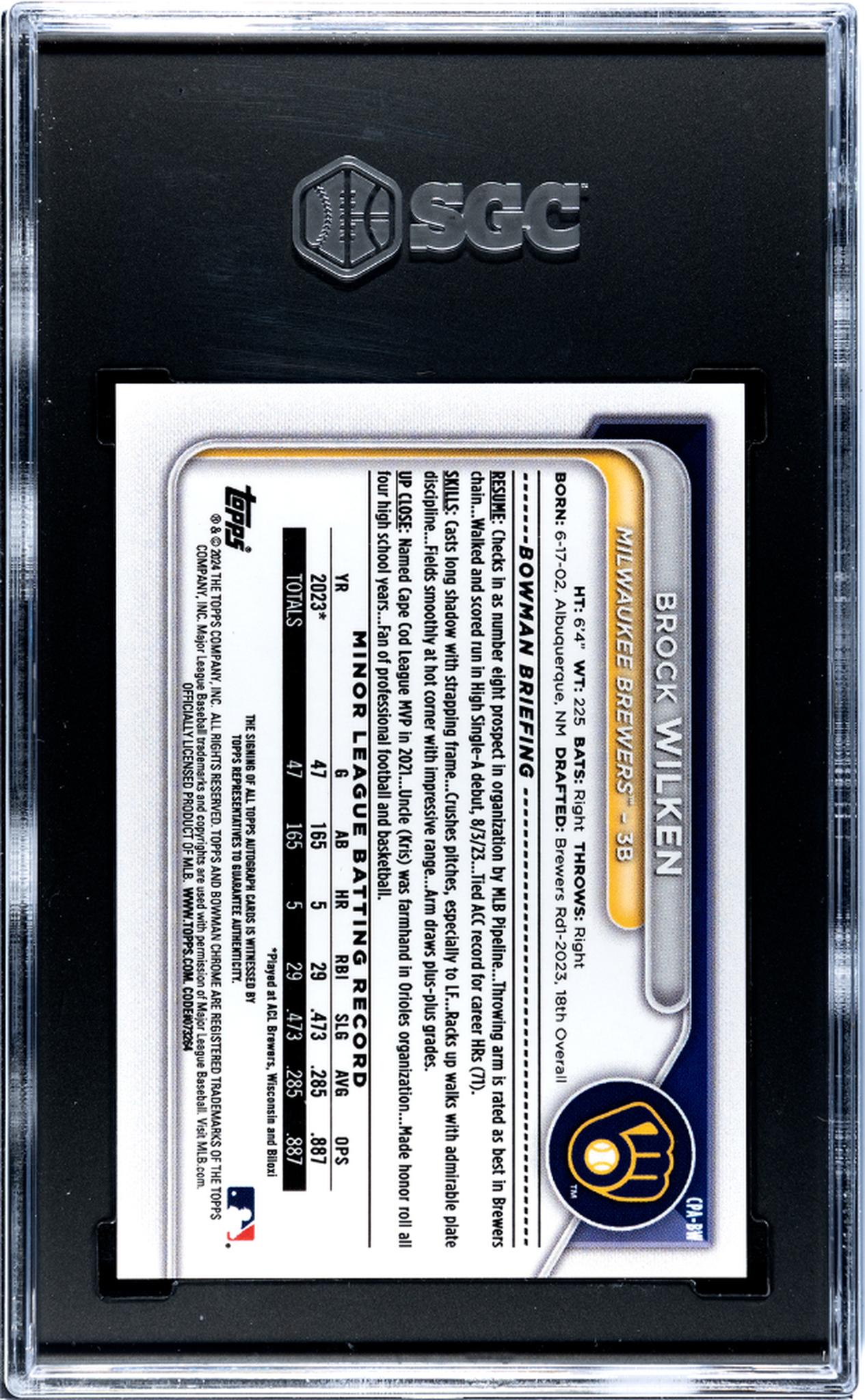 2024 Bowman #CPA-BW Brock Wilken Chrome Prospect Autographed Auto SGC 10