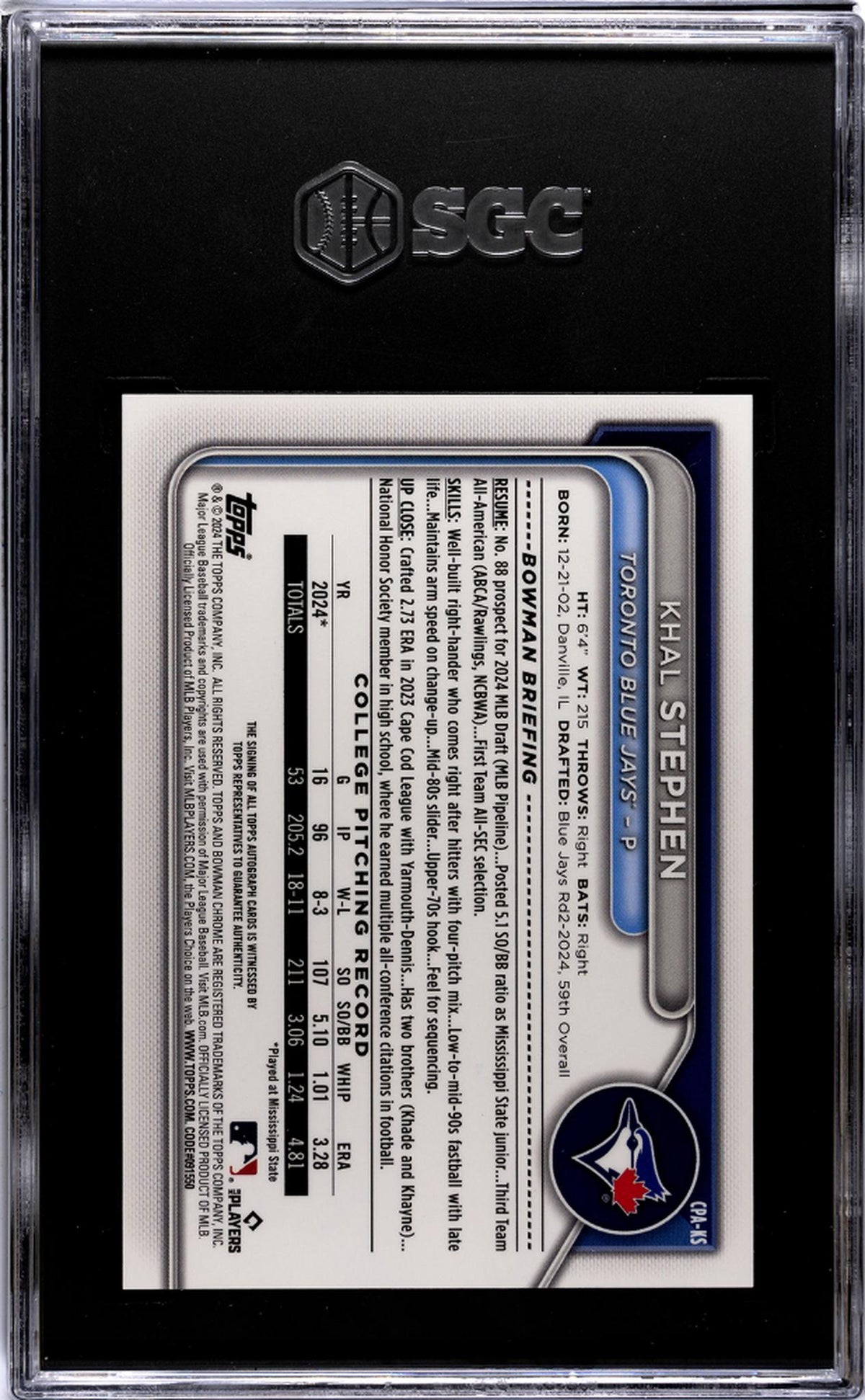 2024 Bowman Draft #CPA-KS Khal Stephen Chr. Pros. Auto. SGC 9