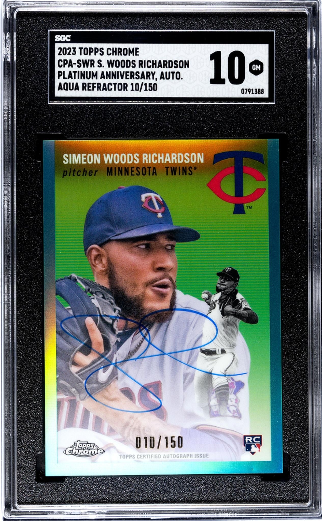 2023 Topps Chrome Platinum Anniversary #CPA-SWR Simeon Woods Richardson Auto. Aqua Ref. 10/150 SGC 10