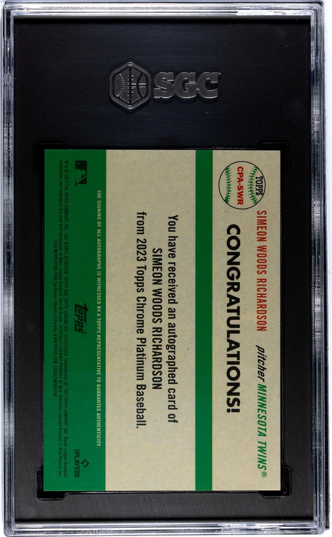 2023 Topps Chrome Platinum Anniversary #CPA-SWR Simeon Woods Richardson Auto. Aqua Ref. 10/150 SGC 10