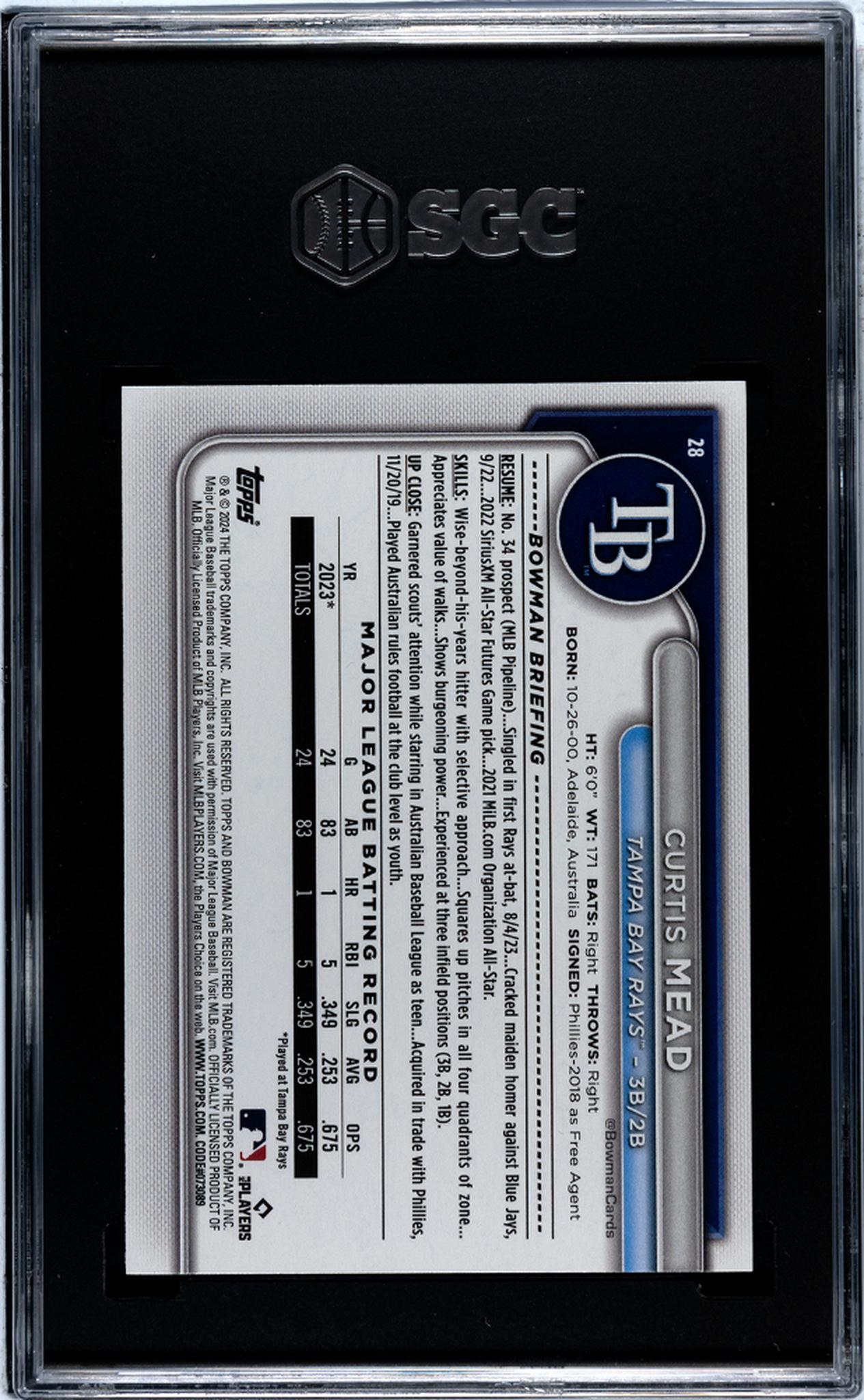 2024 Bowman #28 Curtis Mead Green Border /99 SGC 10