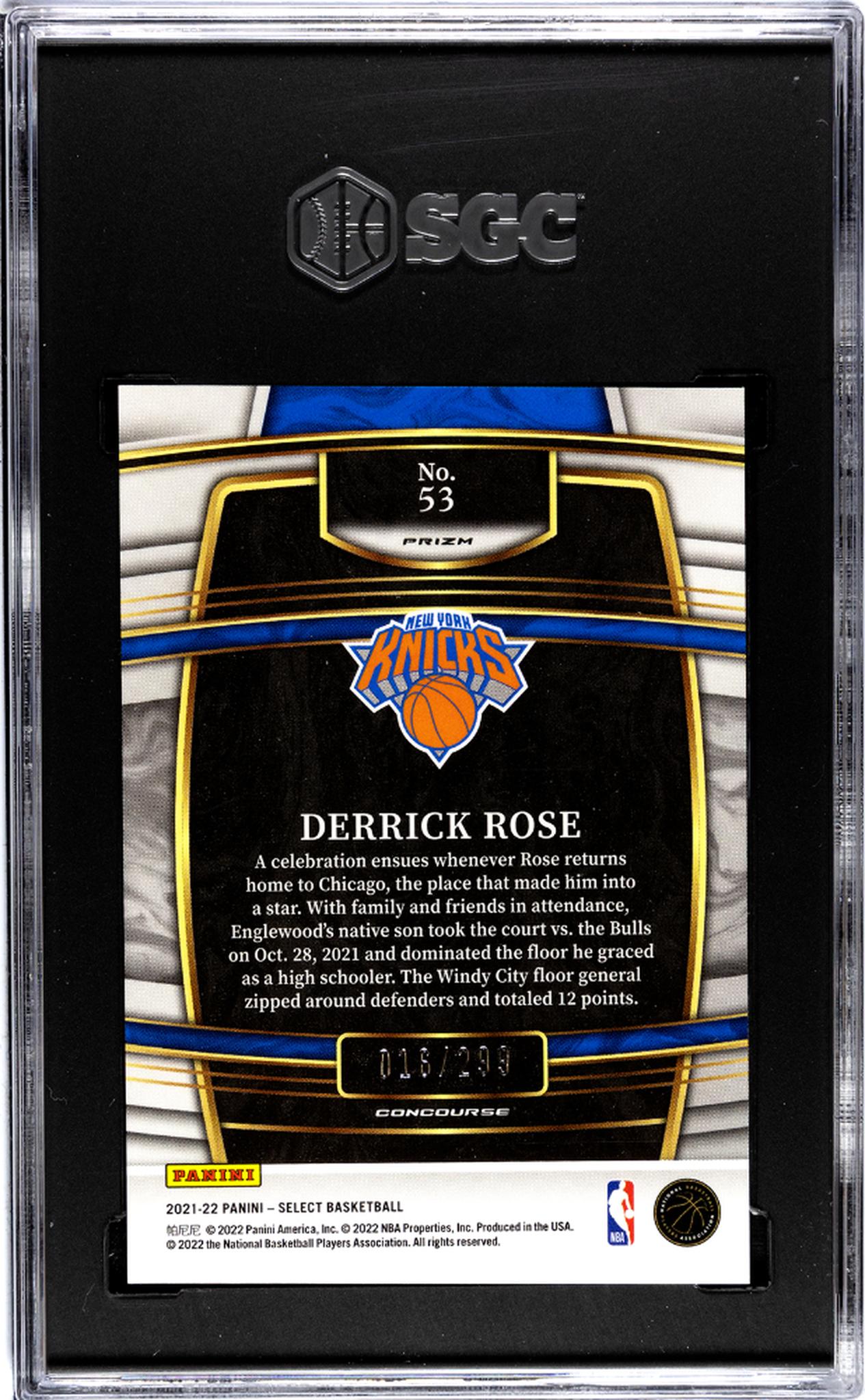 2021-22 Panini Select #53 Derrick Rose Light Blue Prizm 16/299 SGC 8.5