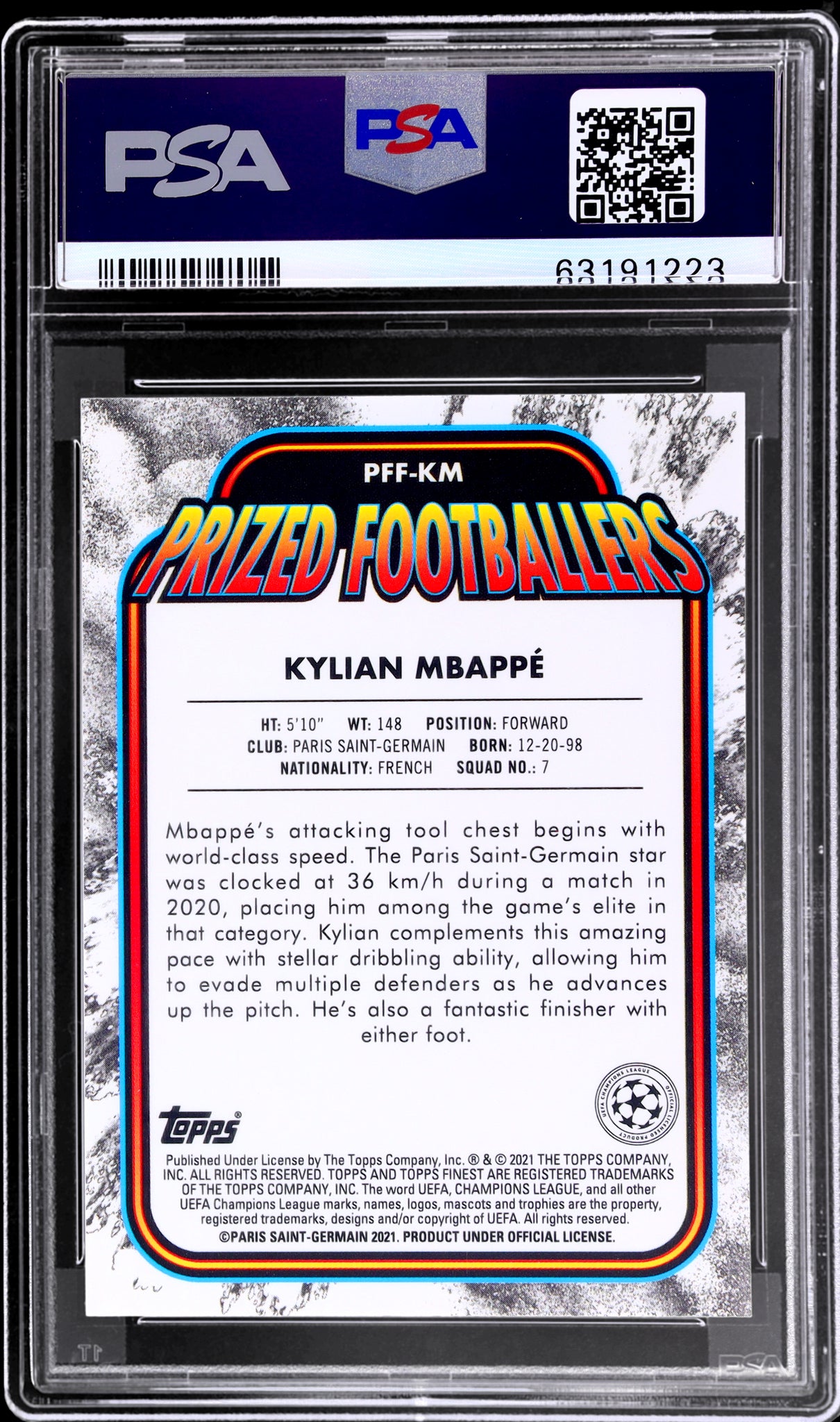 2020 Topps Finest UEFA Champions League Prized Footballers #KM Kylian Mbappe Black/Gold Fusion PSA 10