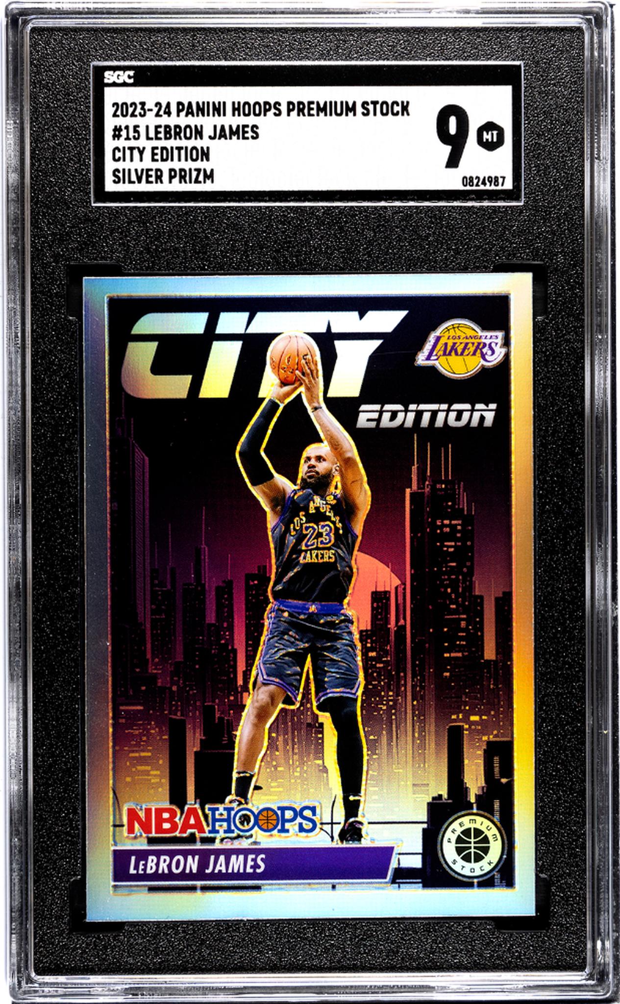 2023-24 Panini Hoops Premium Stock #15 Lebron James City Ed. Silver Prizm SGC 9