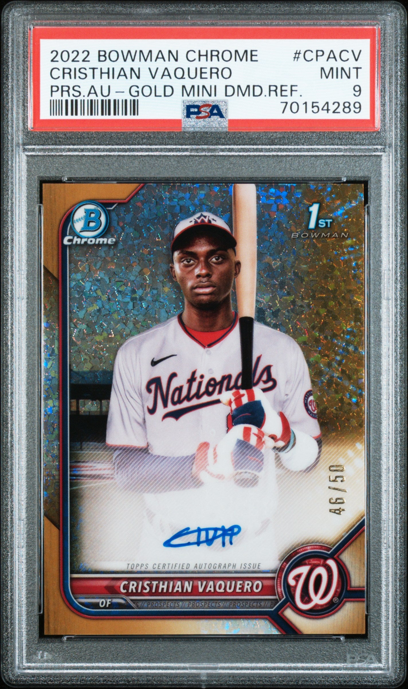 2022 Bowman Chrome Gold Mini Diamond Cristian Vaquero #CPA-CV Auto /50 PSA 9