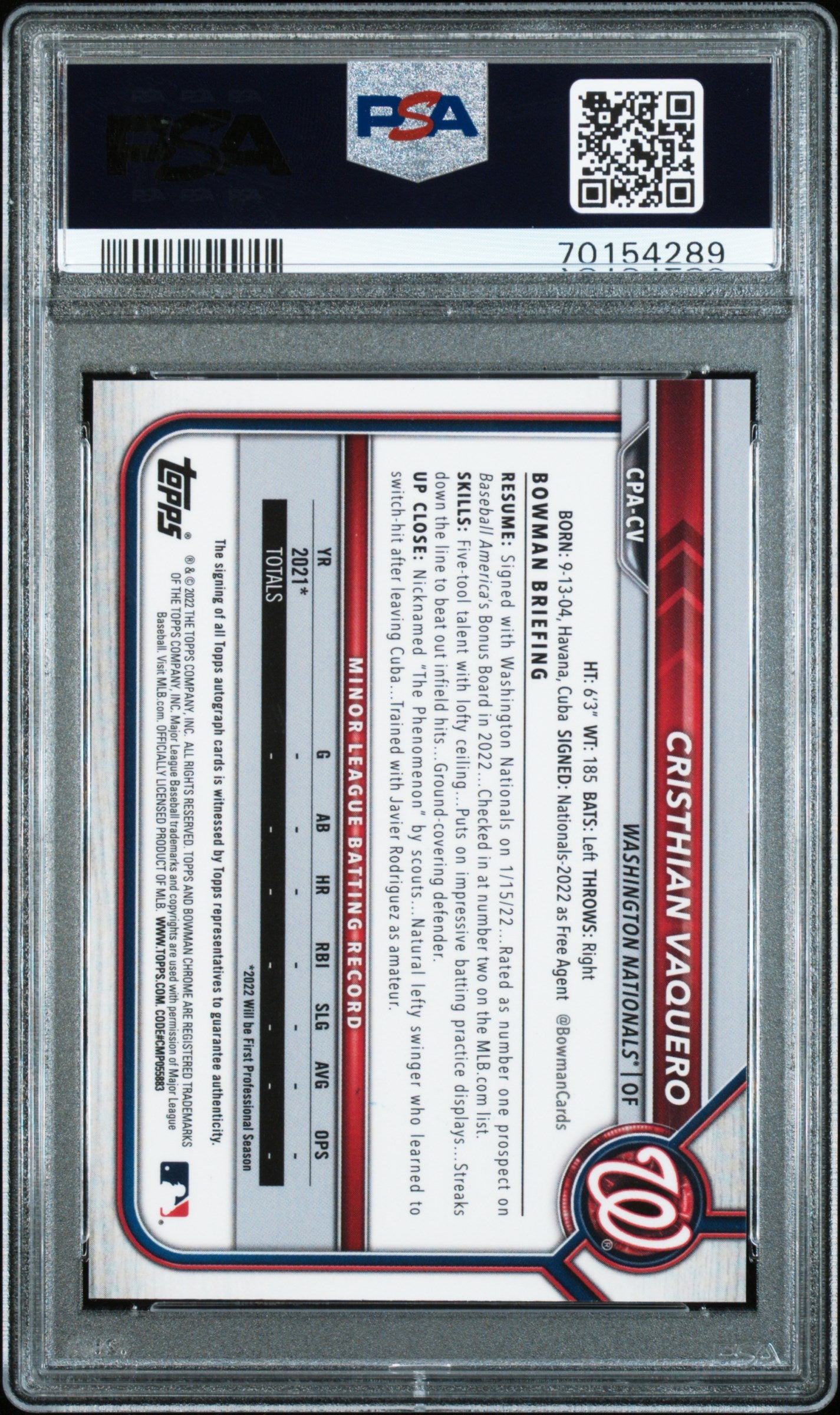 2022 Bowman Chrome Gold Mini Diamond Cristian Vaquero #CPA-CV Auto /50 PSA 9