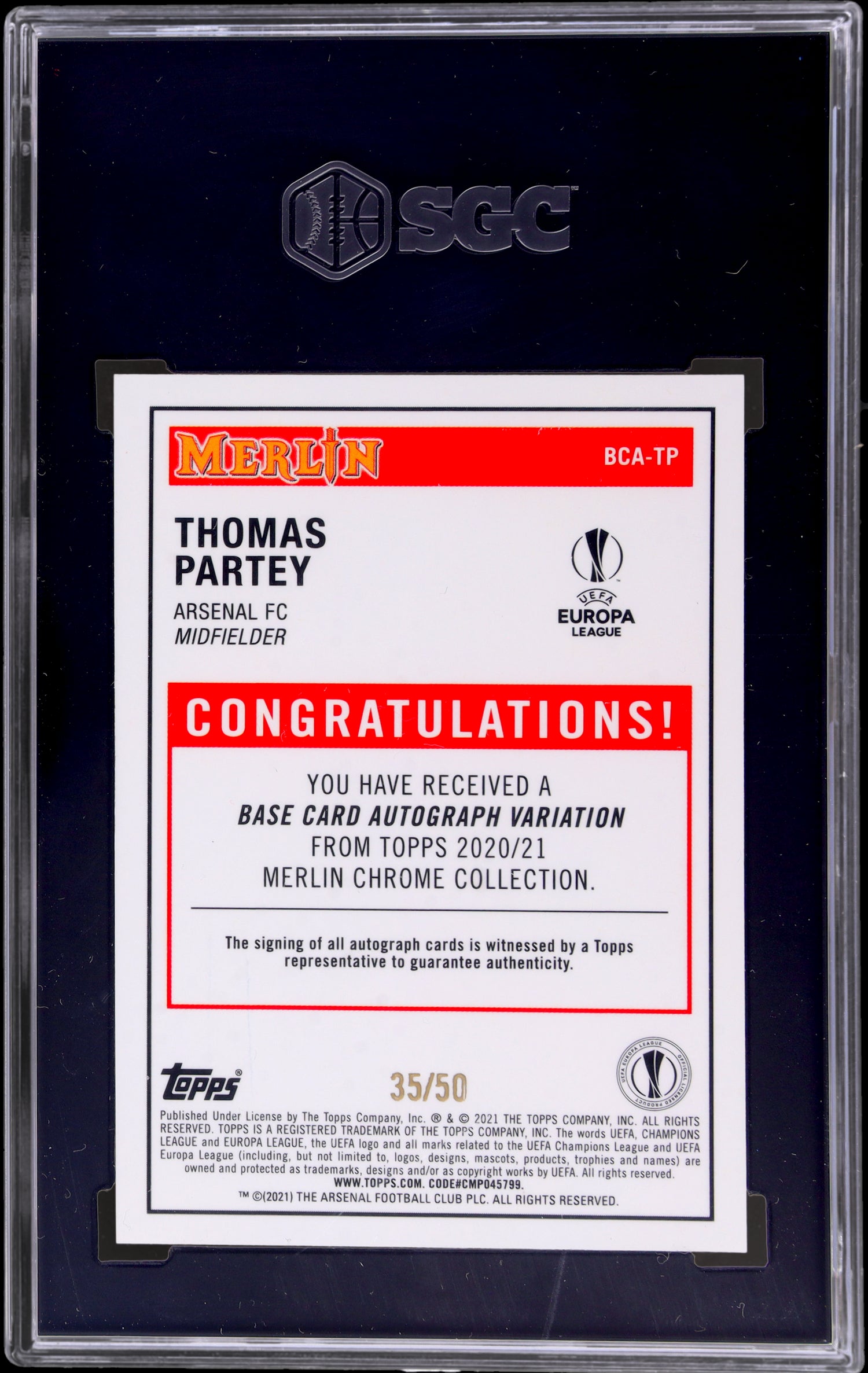 2020 Topps Chrome Merlin Thomas Partey Auto #BCA-TP /50 SGC 10