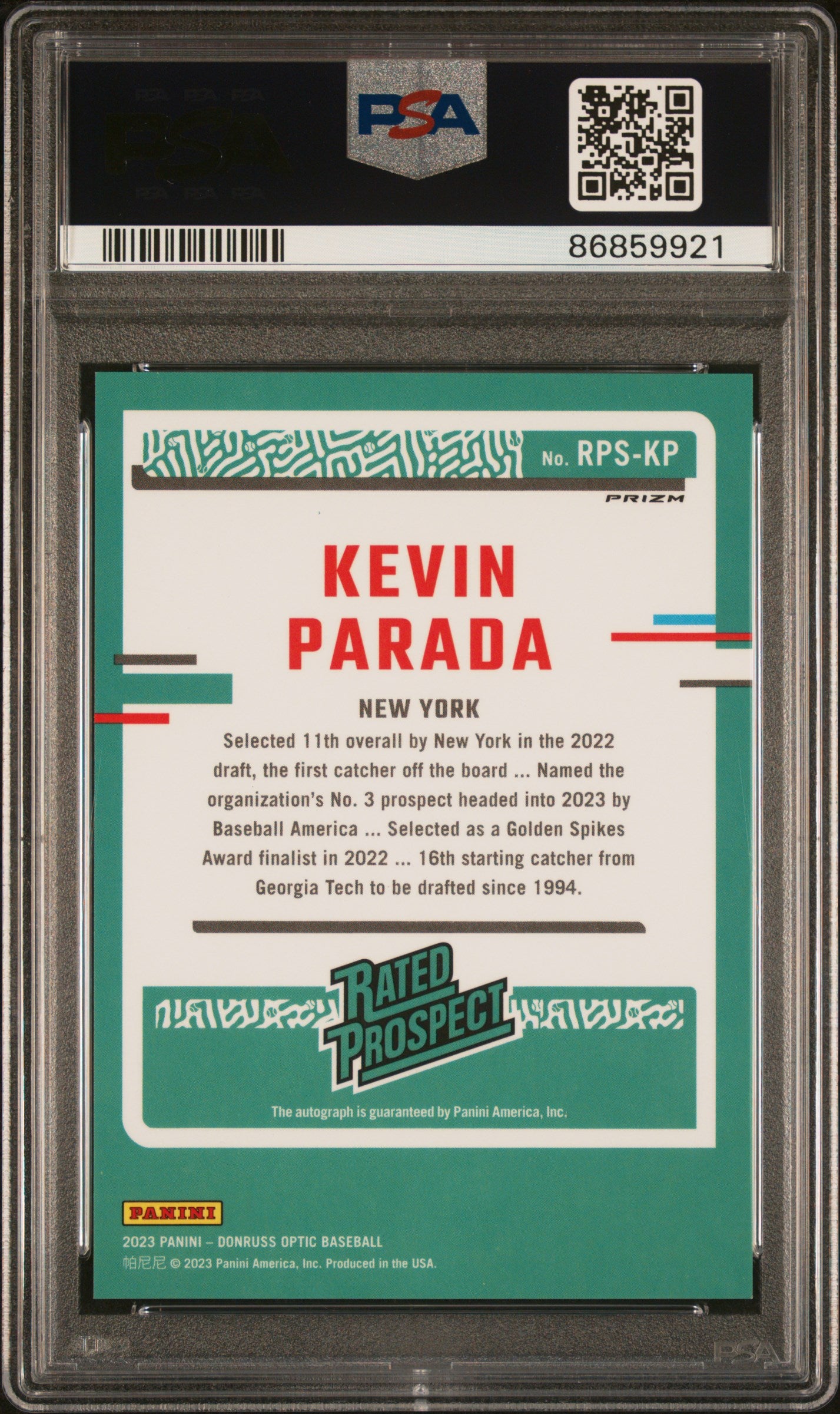 2023 Panini Donruss Optic Rated Prospect Signatures #RPSKP Kevin Parada Optic Rp Sig-Holo PSA 9