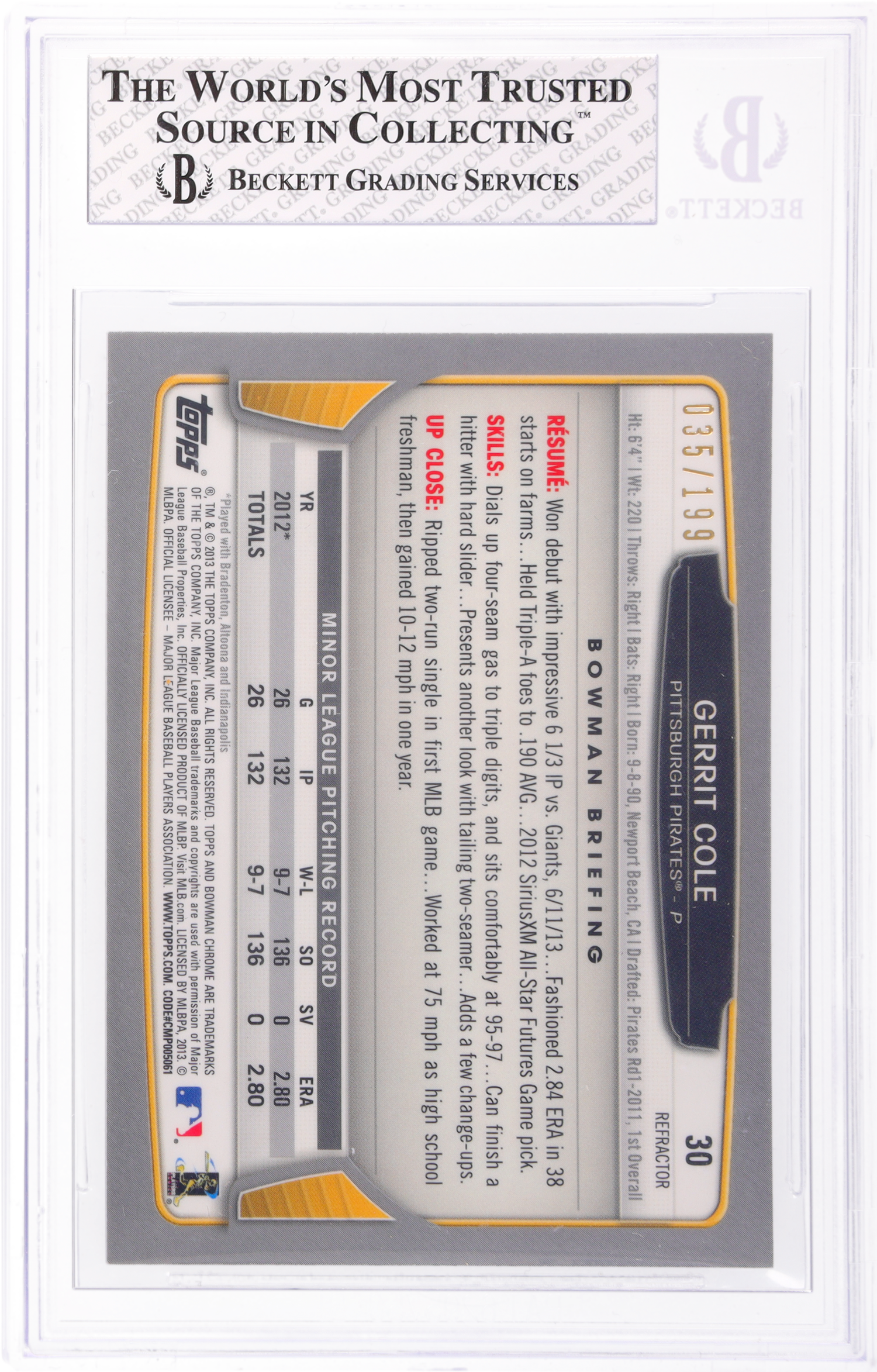 2013 Bowman Chrome Purple Refractor Gerrit Cole #30 /199 BGS 8