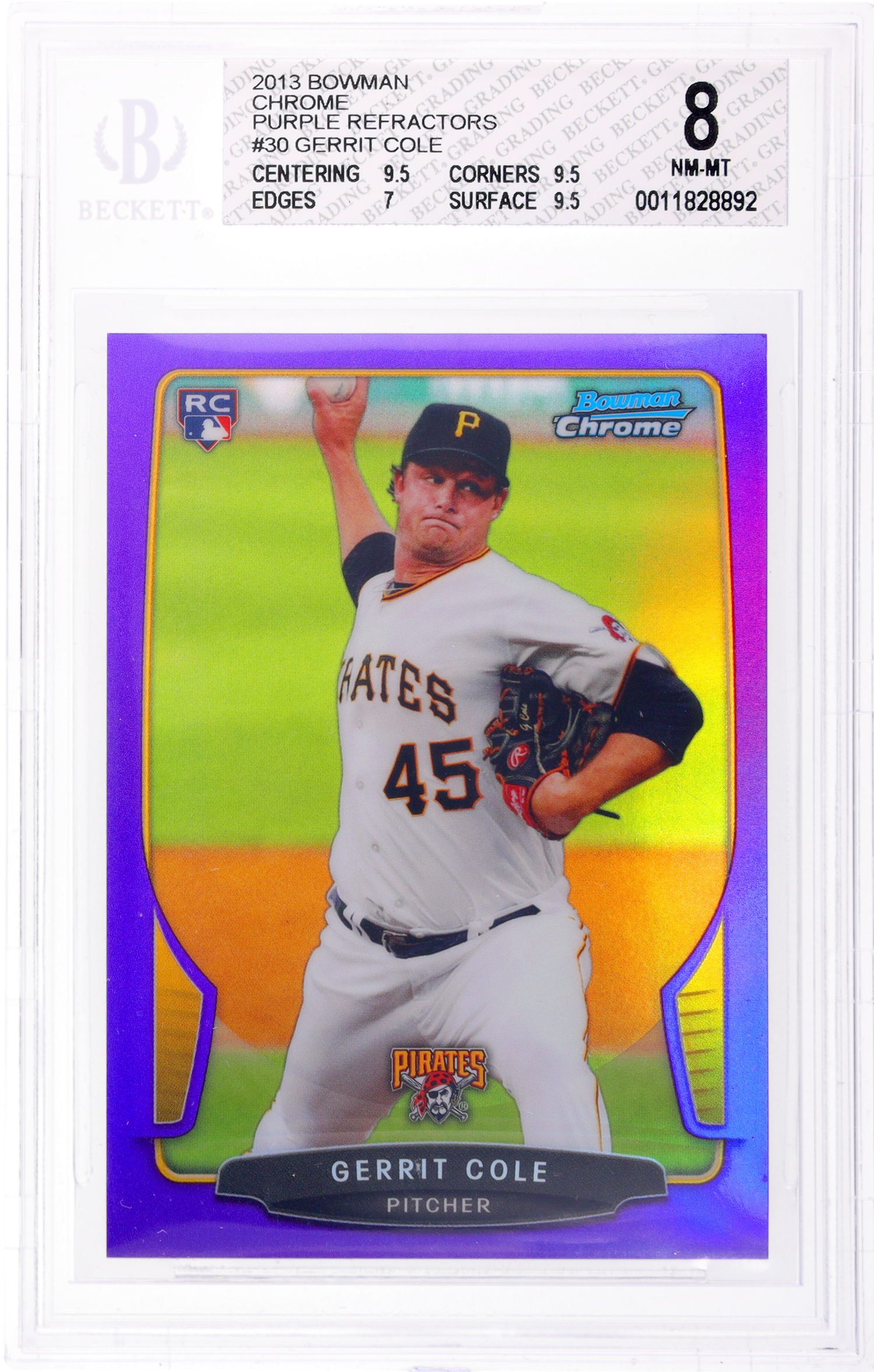 2013 Bowman Chrome Purple Refractor Gerrit Cole #30 /199 BGS 8