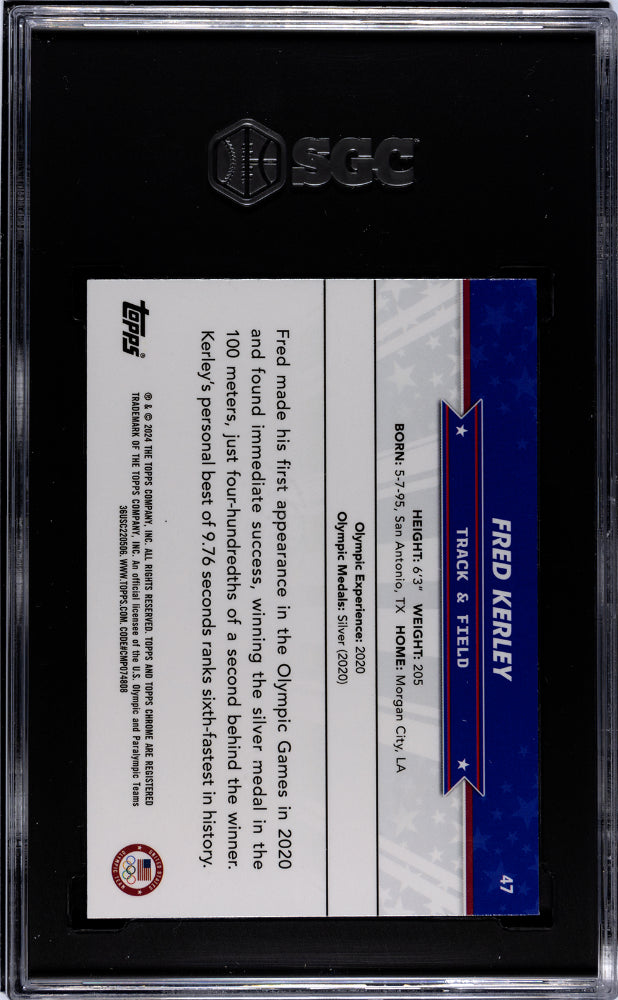 2024 Topps Chrome US Olympics Aqua Refractor Fred Kerley #47 /199 SGC 10