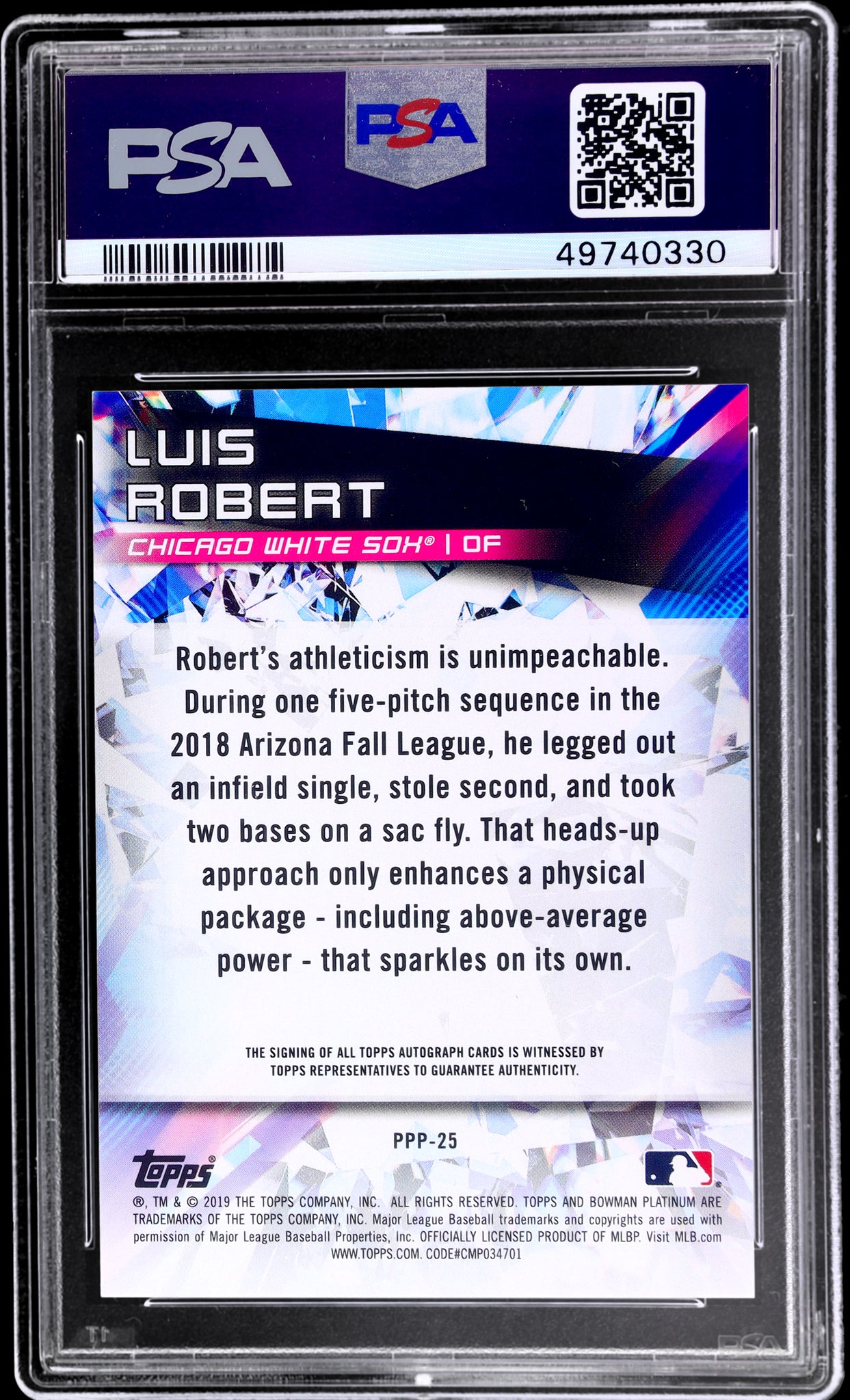 2019 Bowman Platinum Prismatic Prodigies Autograph Luis Robert /50 PSA 8