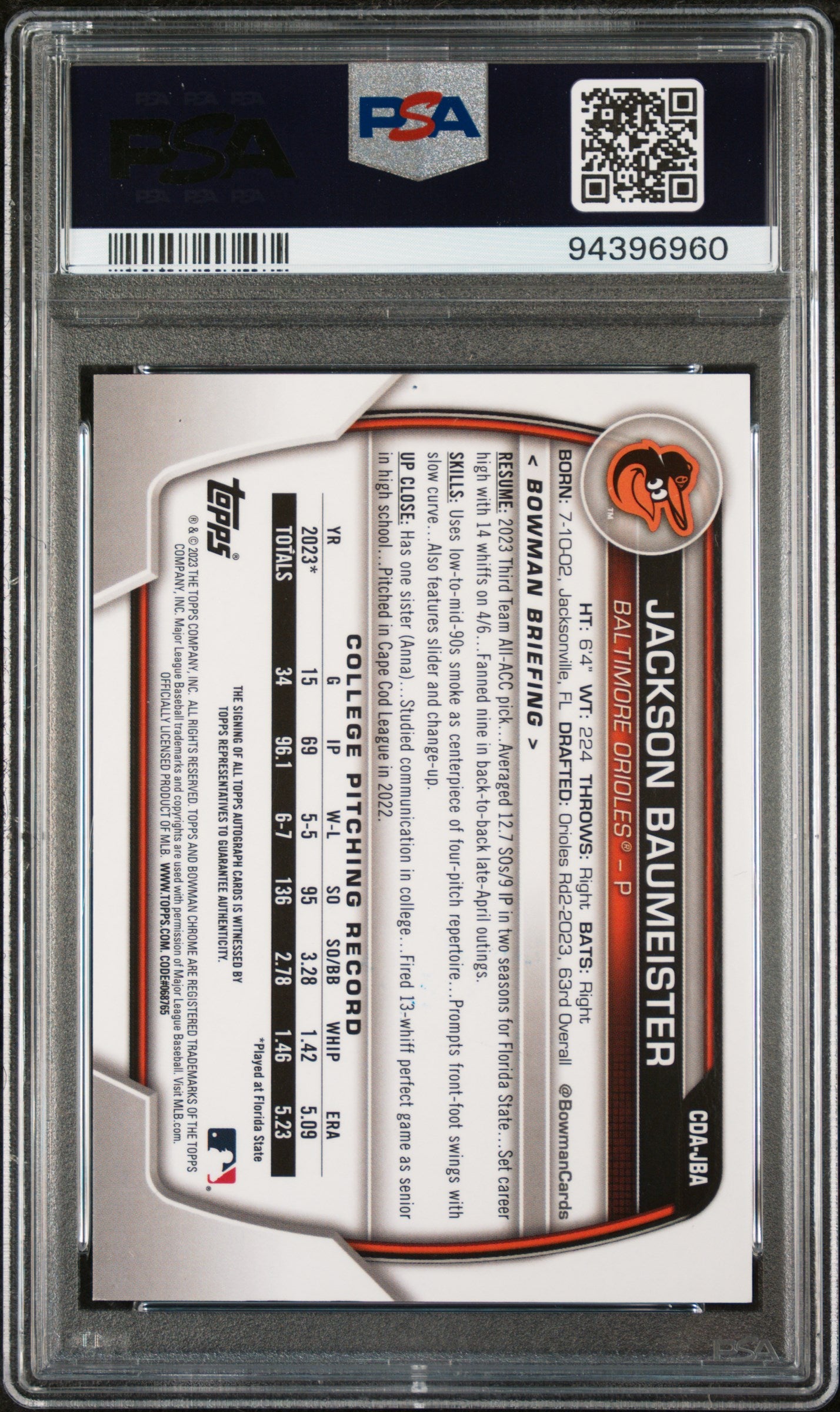 2023 Bowman Draft Chrome Prospect Autograph Jackson Baumeister PSA 10