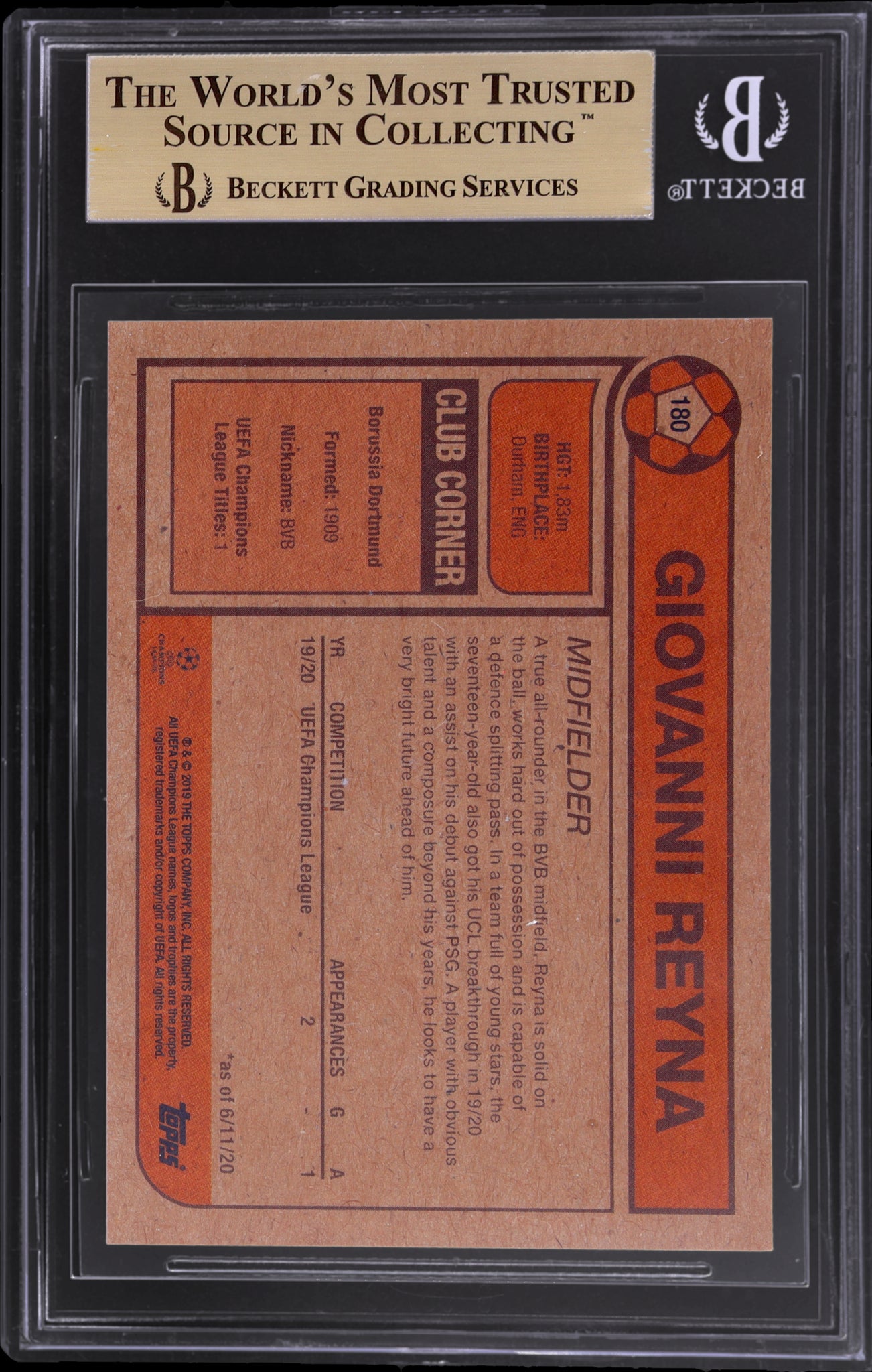 2019 Topps Living #180 Giovanni Reyna UEFA Champions League /5867 BGS 9