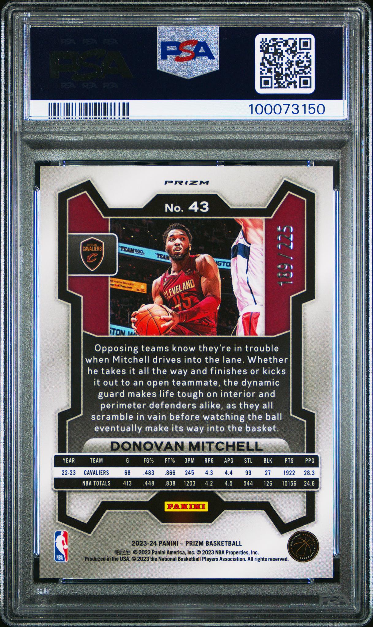 2023 Panini Prizm Teal Ice Donovan Mitchell #43 /225 PSA 10